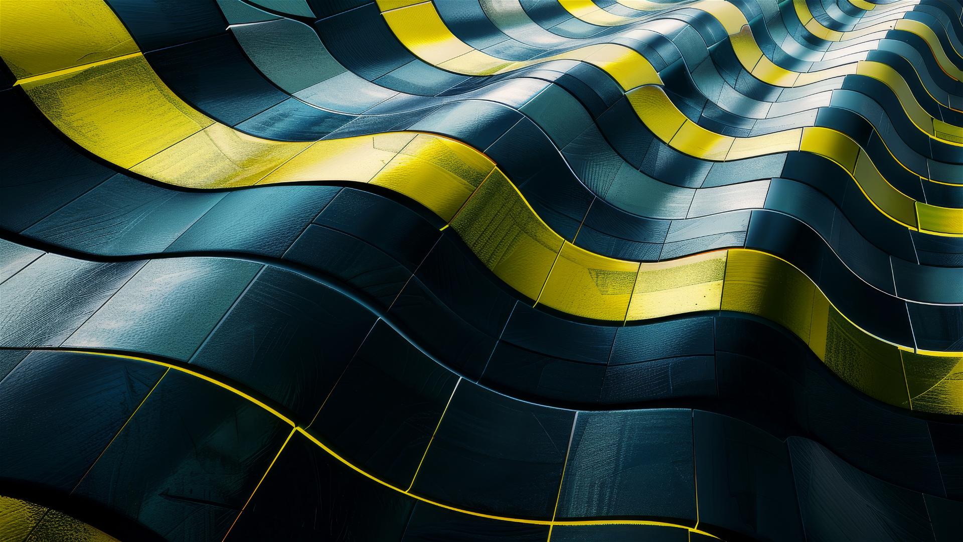 Abstract black and yellow squares on a dark blue striped background with chromatic waves