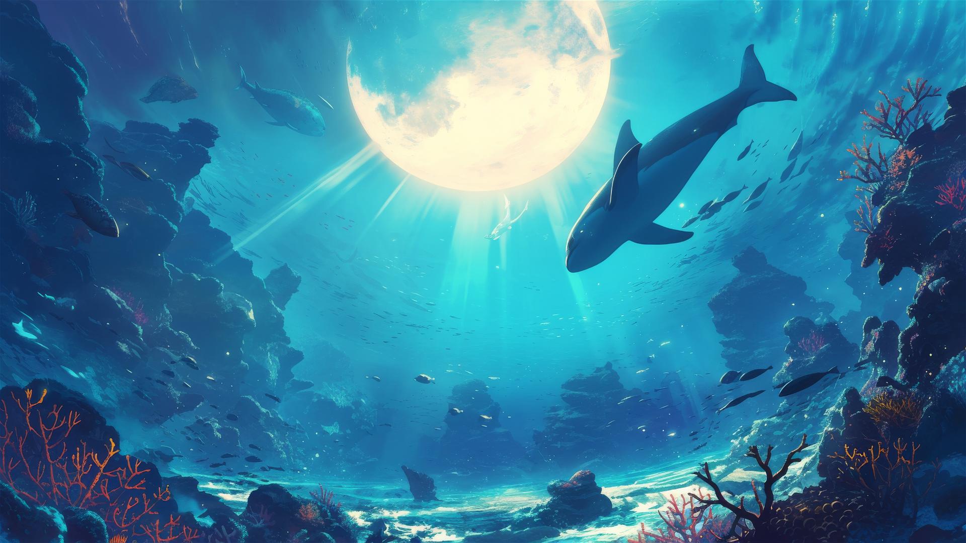Moonlight illuminating a coral reef with marine life and light rays underwater