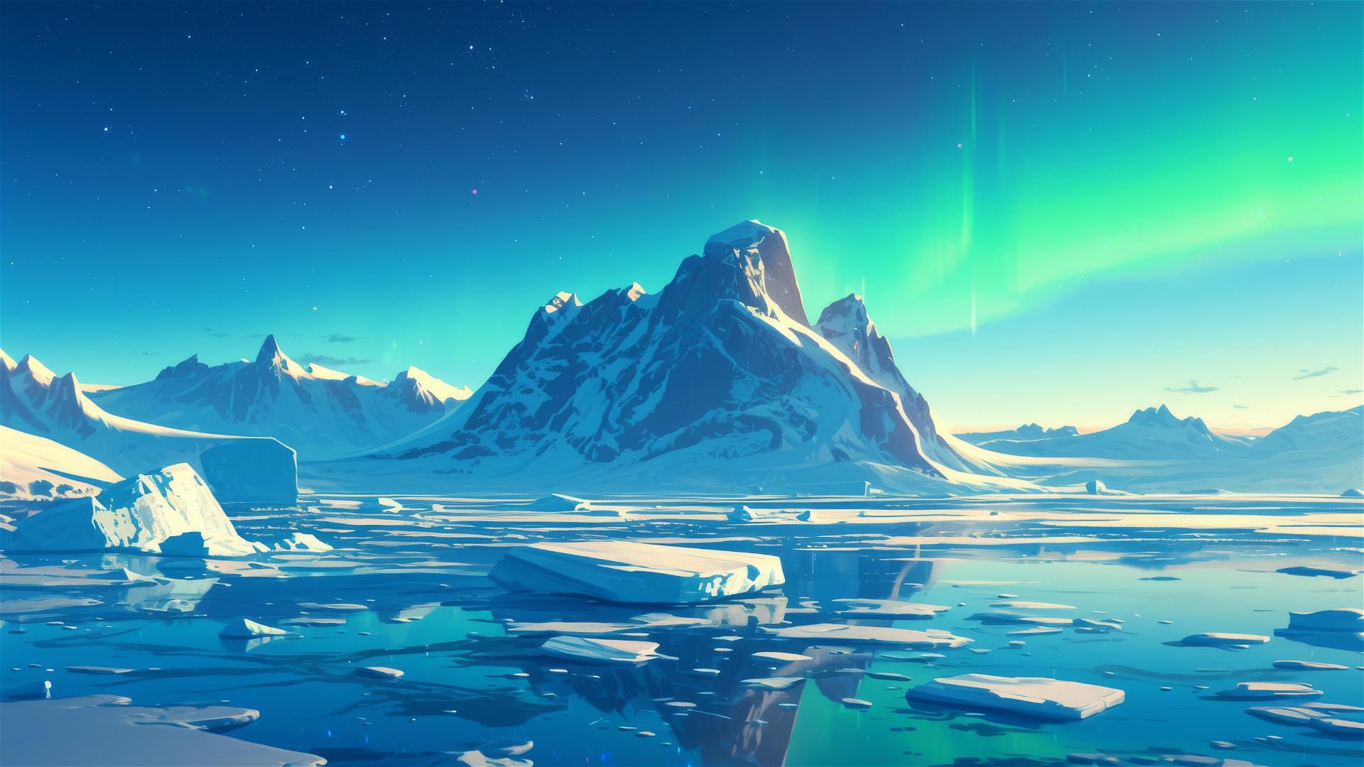 Arctic night scene with Northern Lights over icebergs and tundra