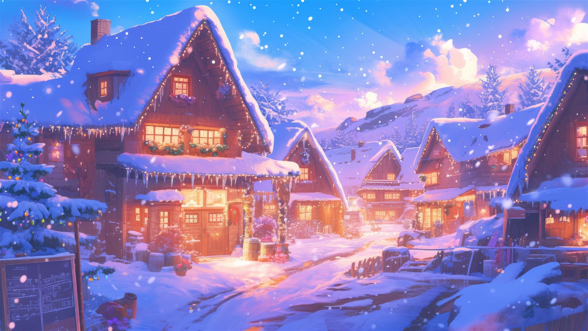 Snow-covered village at night with twinkling lights and a gentle snowfall, giving off a warm glow from windows for a cozy winter scene