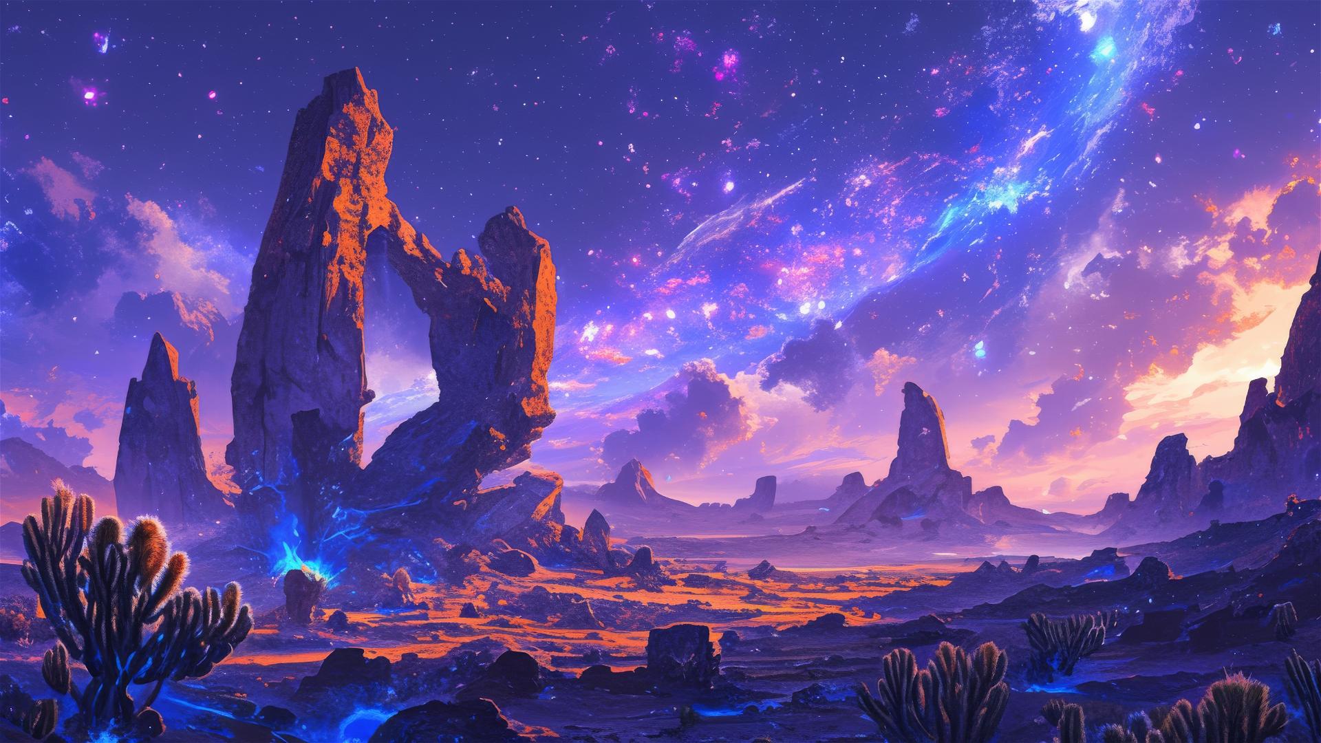 Bioluminescent cacti and surreal rocks under a starry galaxy