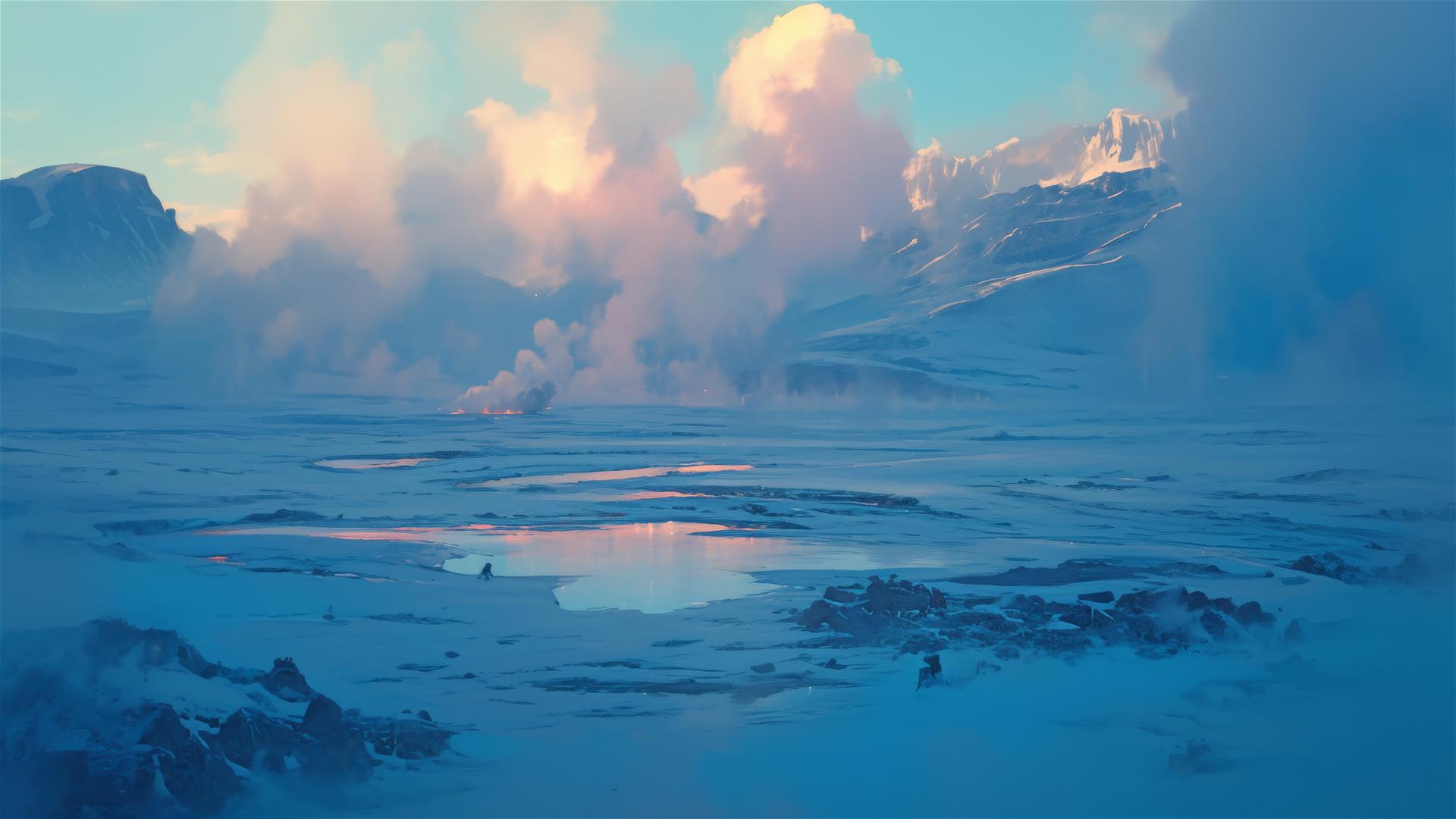 Steam rising from hot springs in snowy thermal ice fields