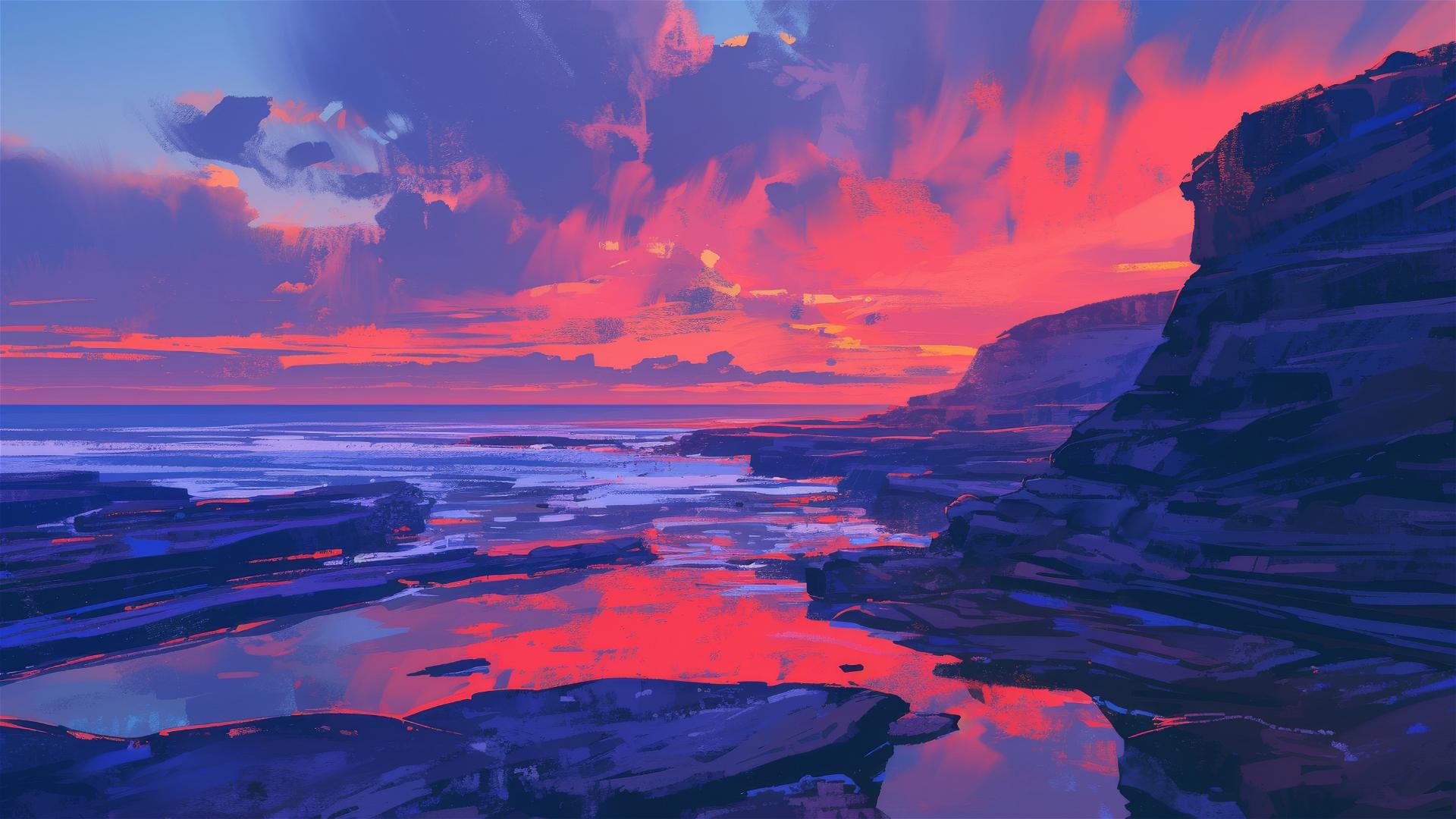 Color-streaked cliffs at sunset mirroring vibrant dusk sky
