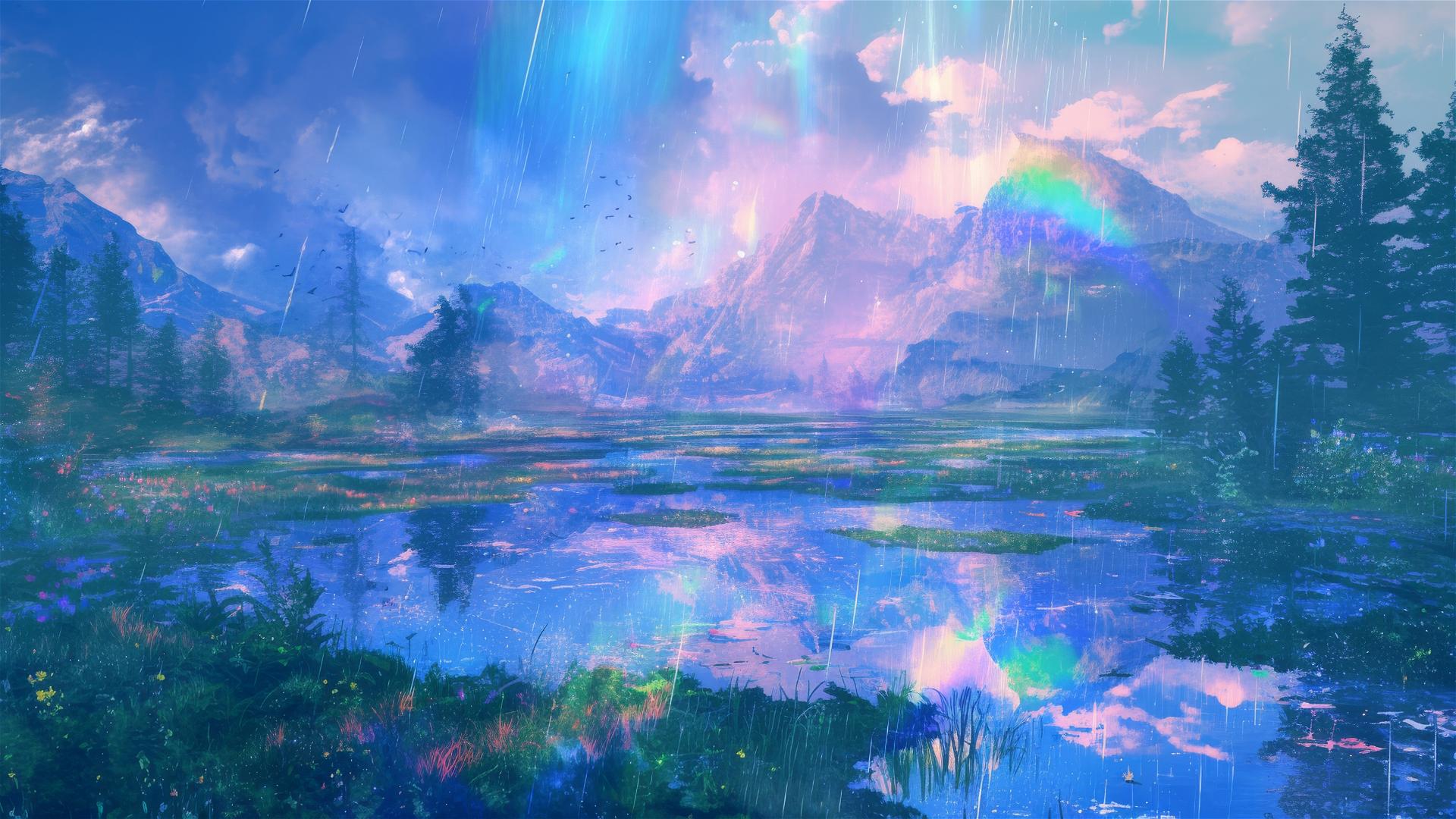 Holographic rain causing ripples on a serene mountain lake with pine and wildlife reflections