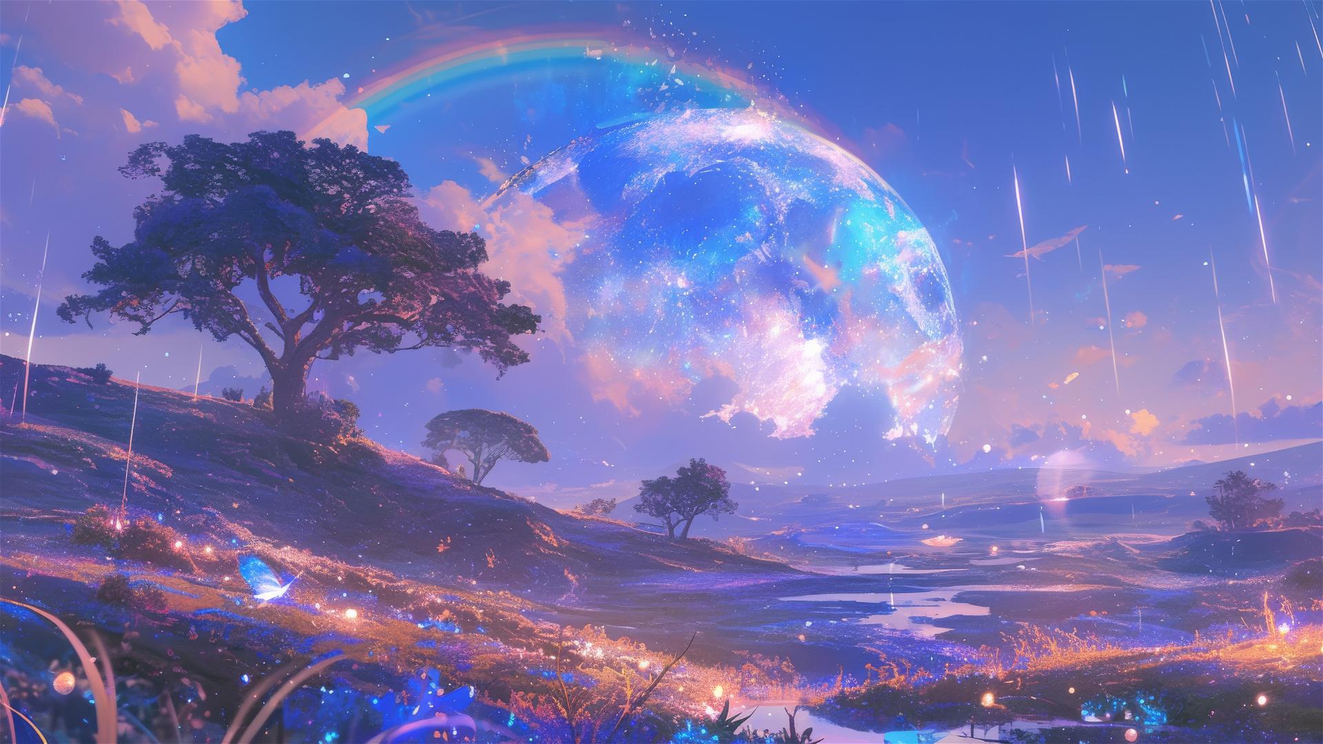 Holographic rain on full moon night with lunar holograms dancing on a silver landscape