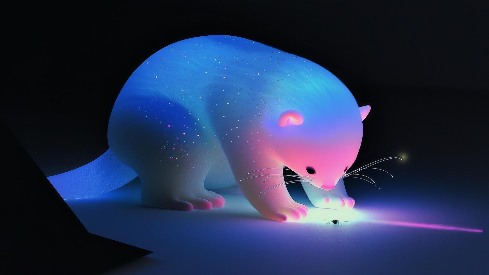 Crystal clear ferret in open space, bending over to observe a tiny firefly in its paw