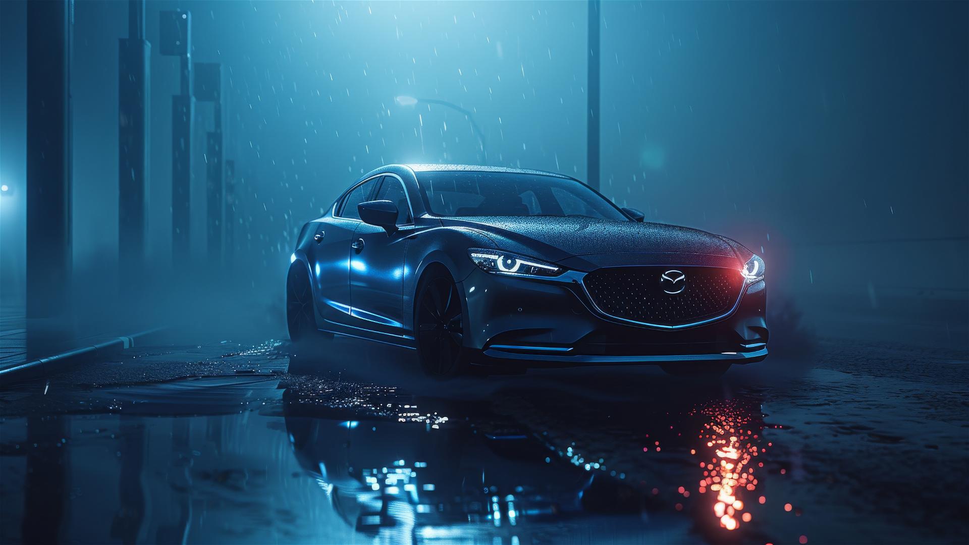 Closeup view of Mazda 6 in dim, foggy gothic gloom