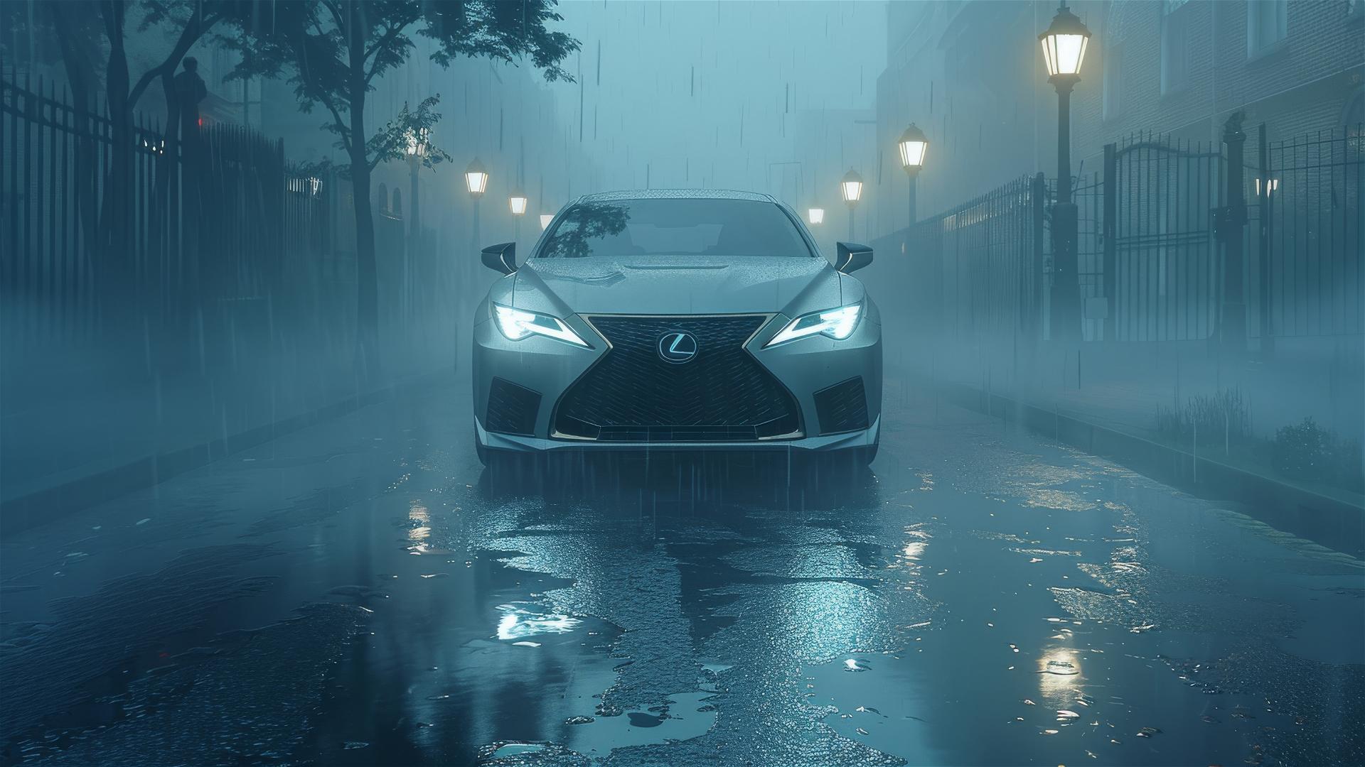Closeup view of a Lexus ES in gothic gloomy and foggy dim lighting, smooth 8k photorealistic image