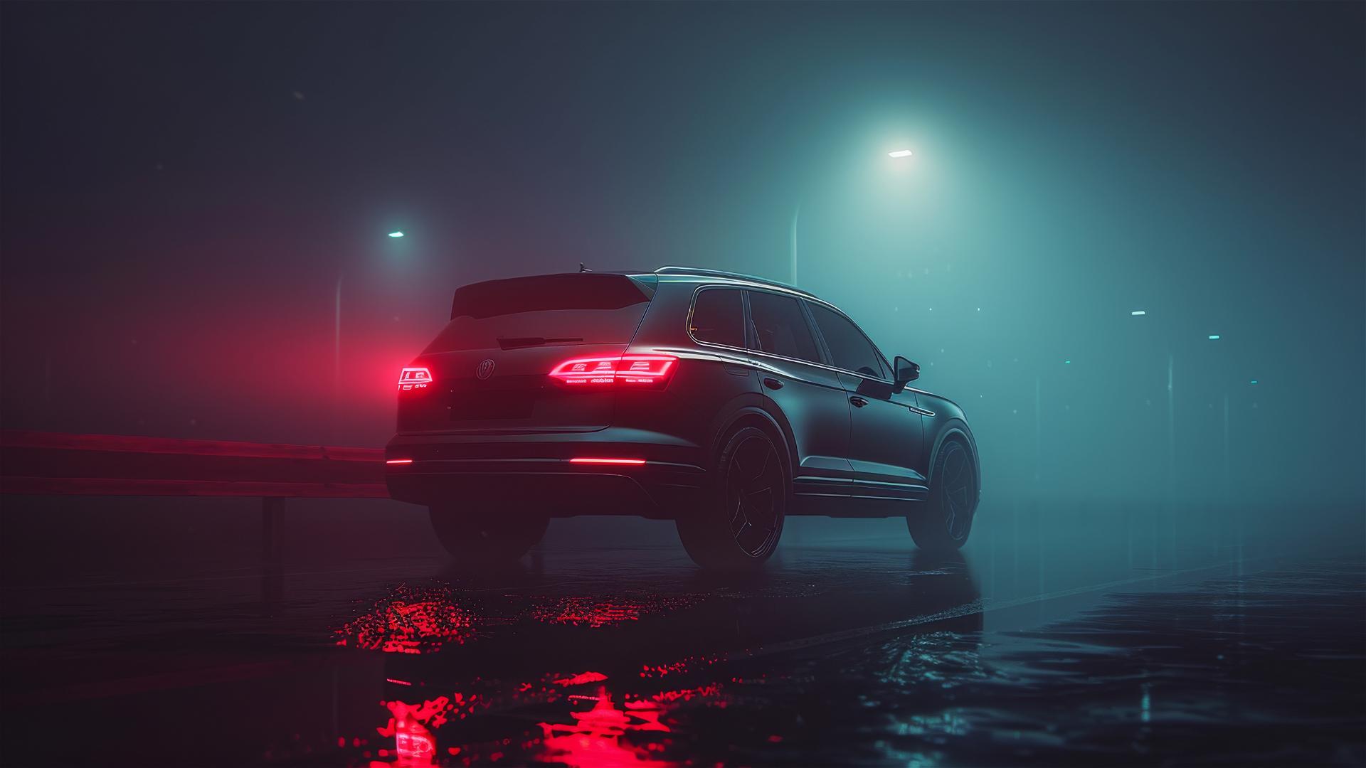 Volkswagen Touareg in dim, gothic gloomy lighting, foggy atmosphere, and closeup view, achieved with 8k photorealism