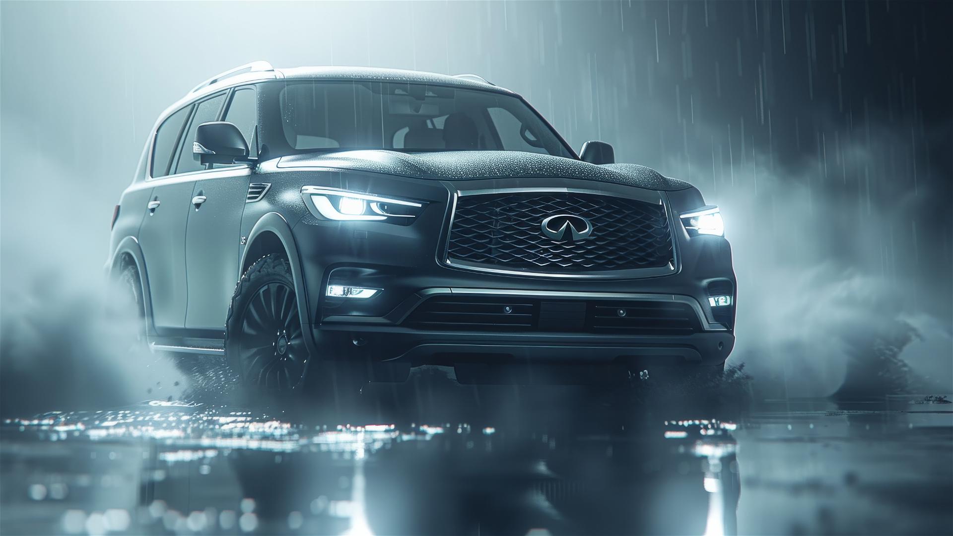 Photorealistic close-up of Infiniti QX80 in dim, foggy, gothic setting