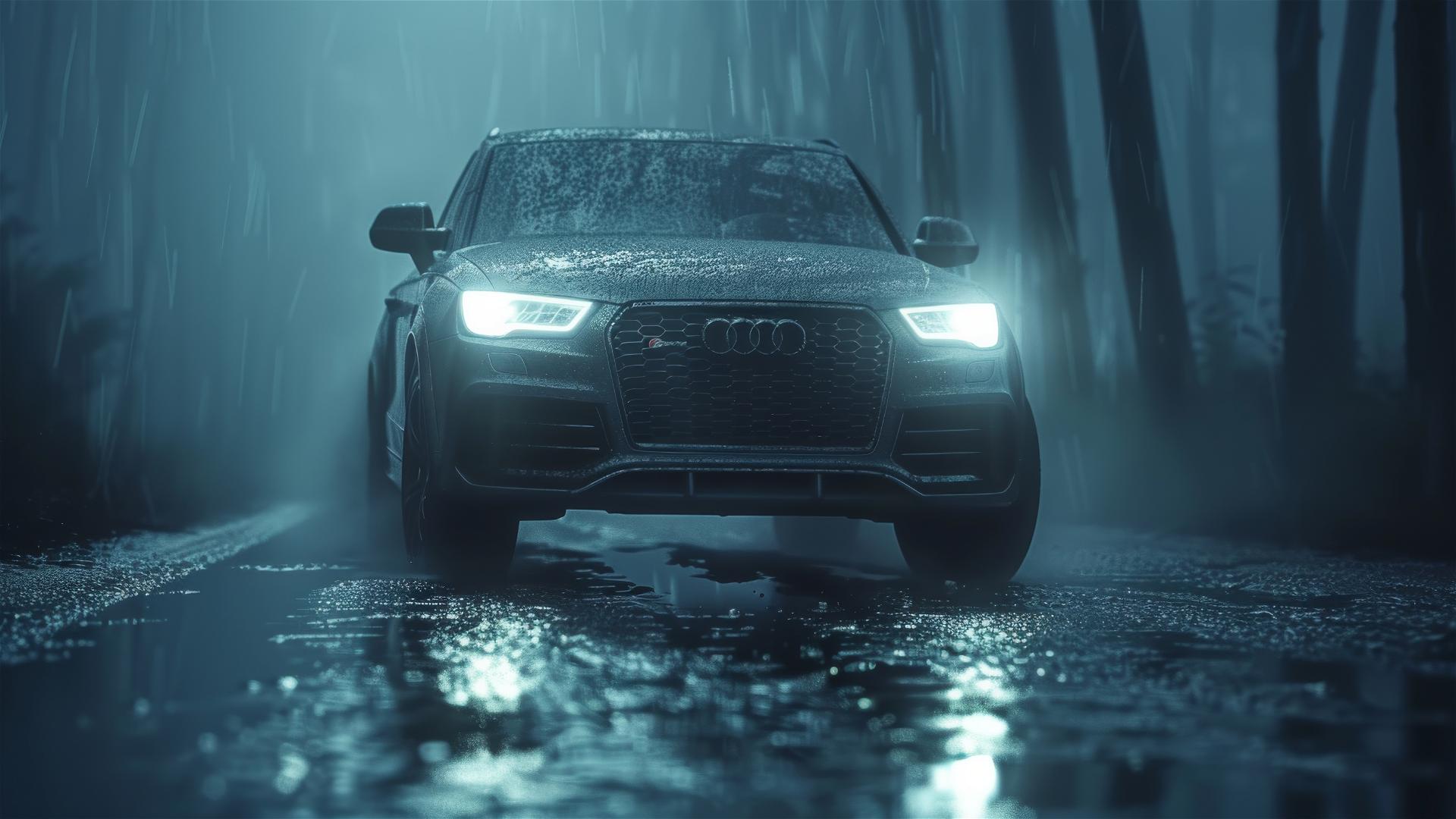 Close-up of an Audi Q3 in dim Gothic lighting with a foggy backdrop