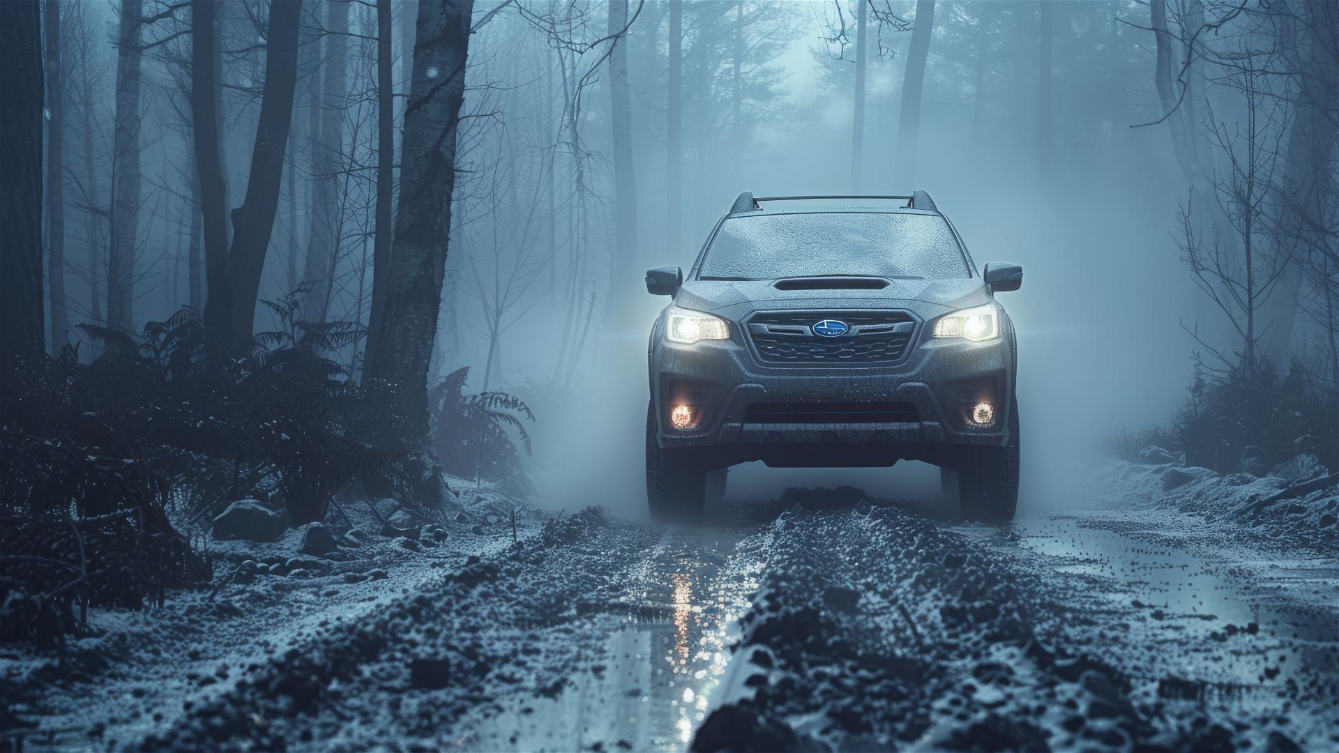 Closeup of a Subaru Outback in dim, foggy, gothic gloomy setting