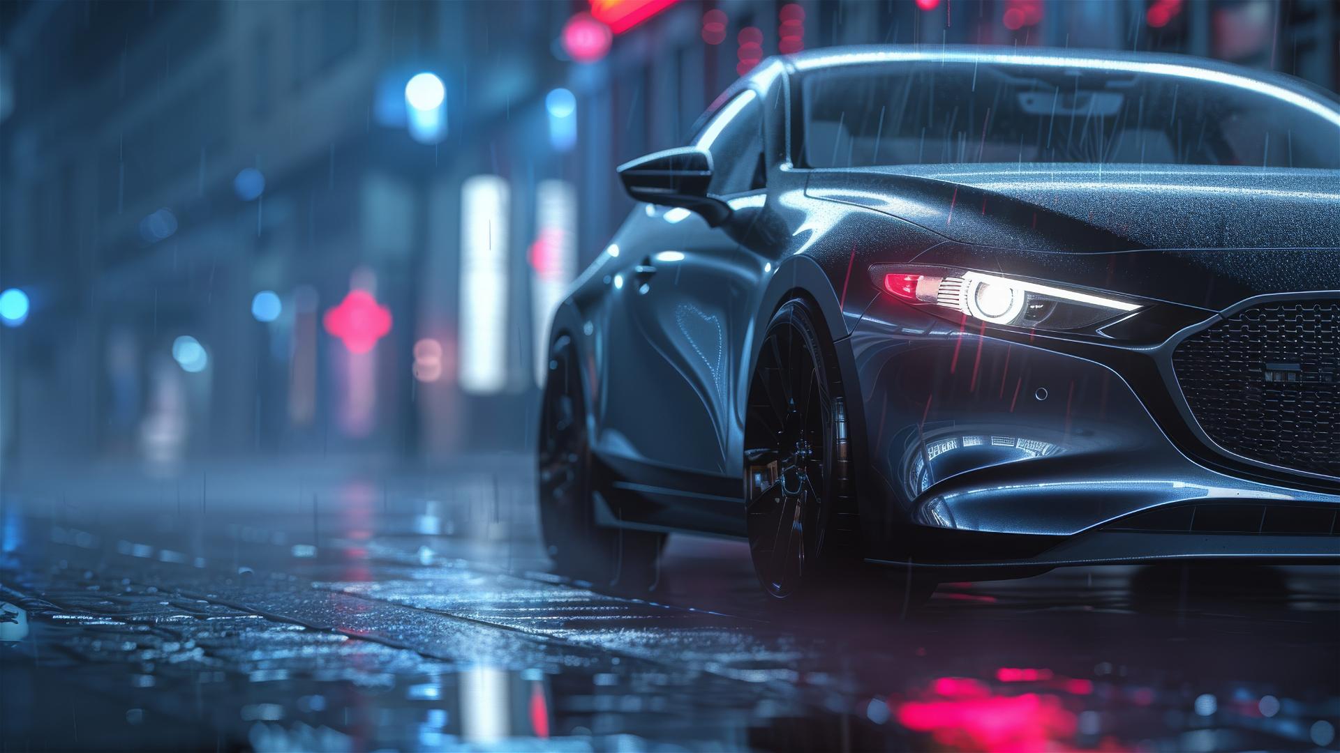 Closeup of a Mazda 3 in dim, gothic, foggy setting