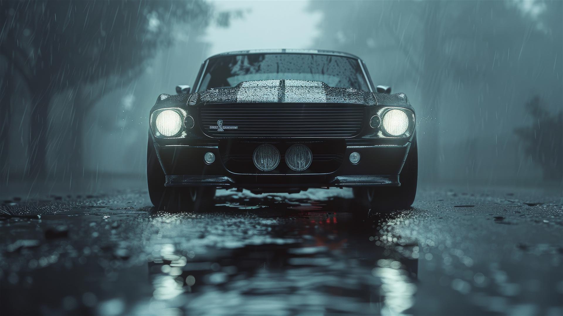 Photorealistic closeup of a Ford Mustang in dim, gothic gloomy lighting with fog