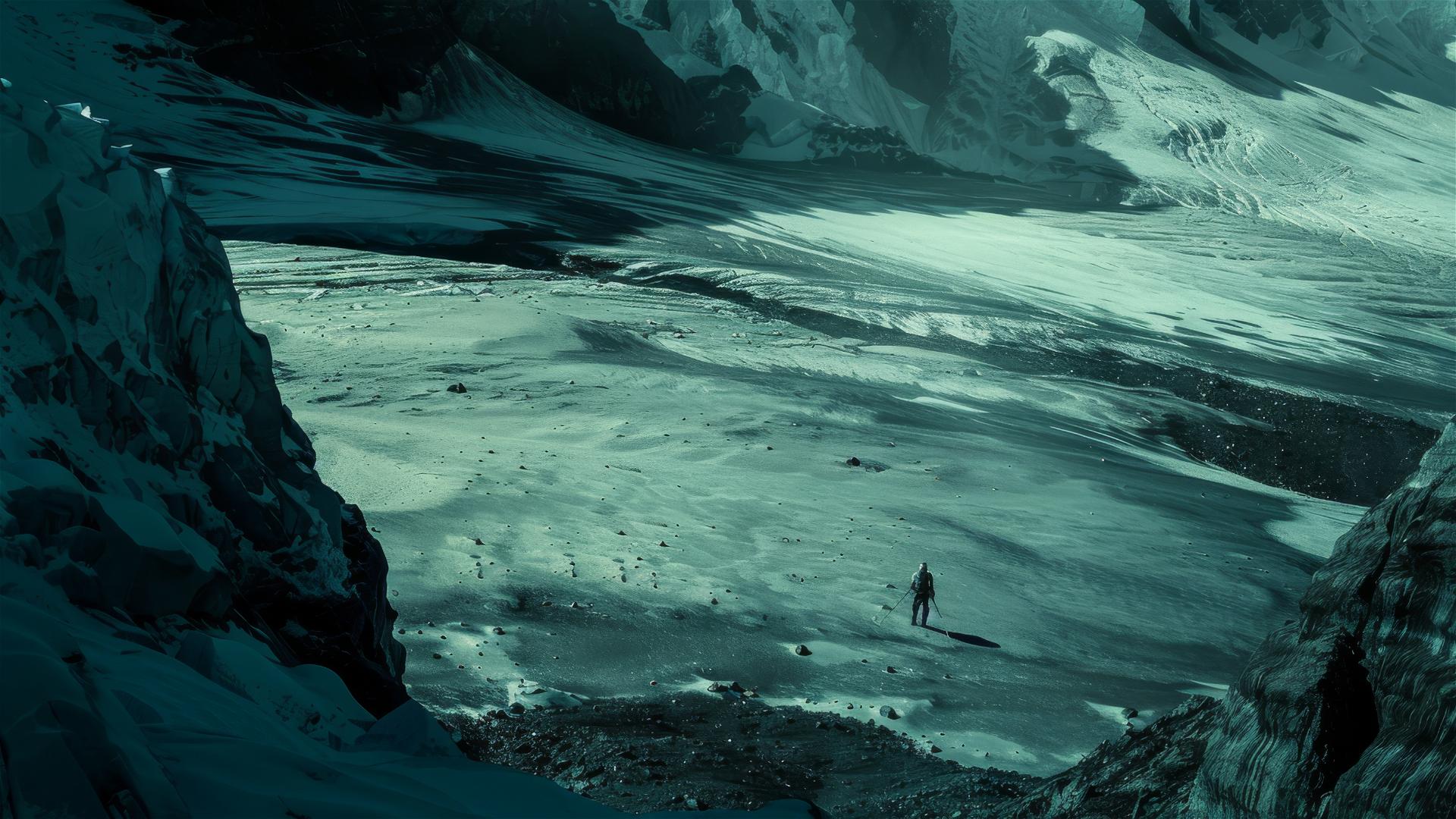 Aerial view of unseen Antarctica with dark, isolated figure