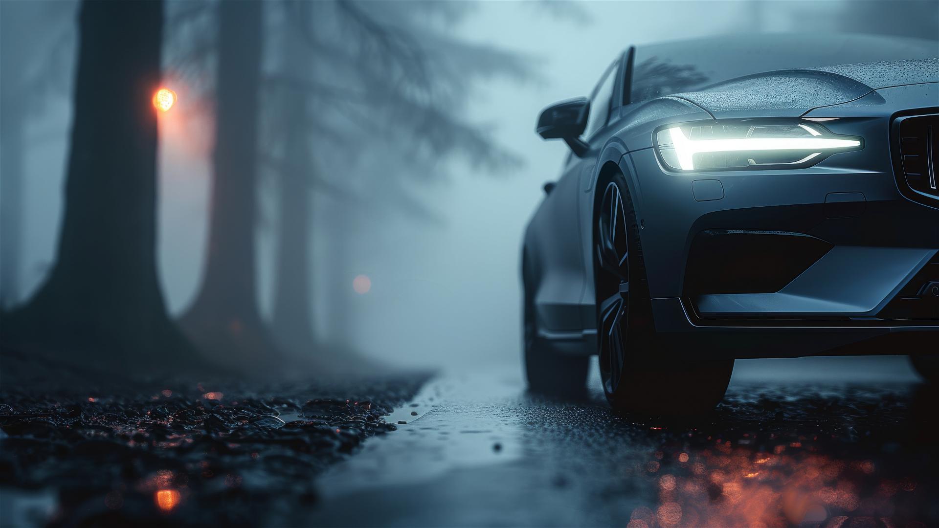 Volvo V60 Polestar in dim lighting, gothic gloomy ambience, closeup with fog