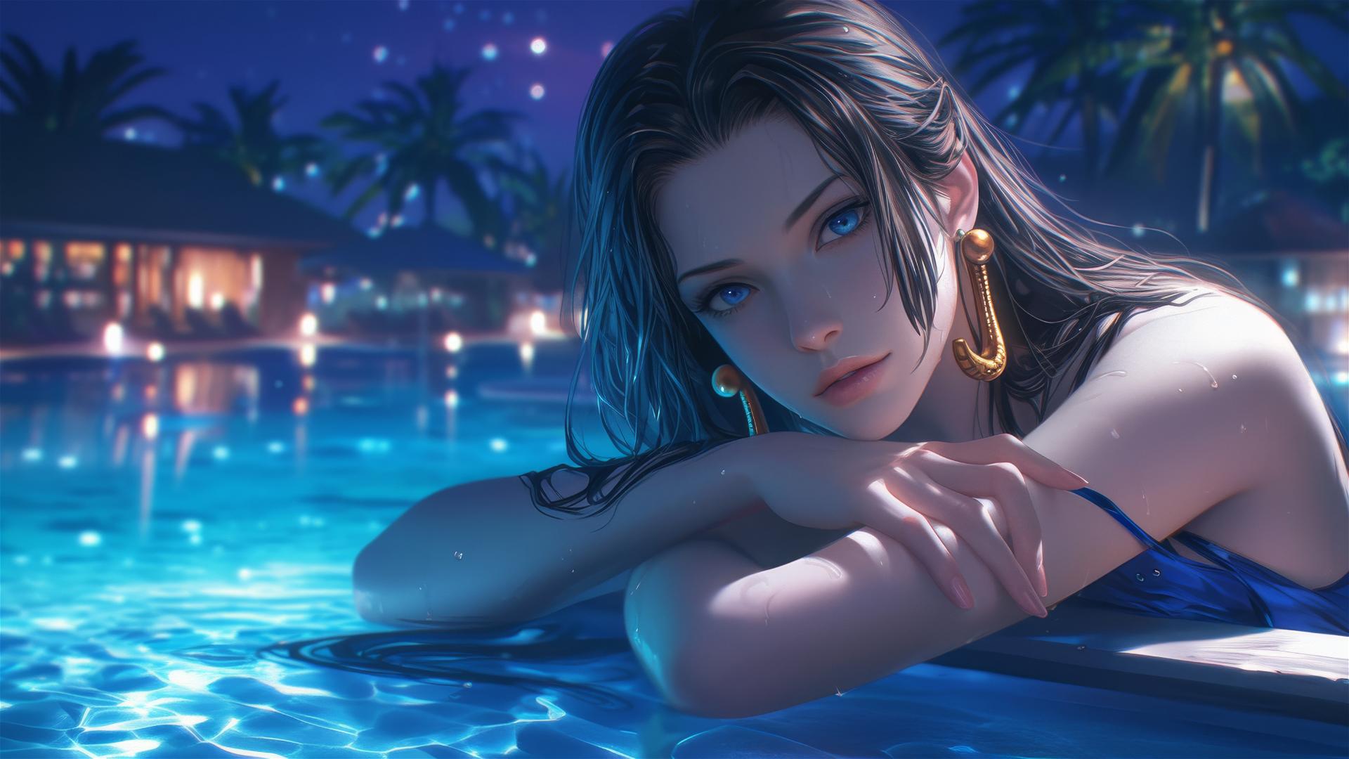 Boa Hancock from One Piece resting by pool under moonlight