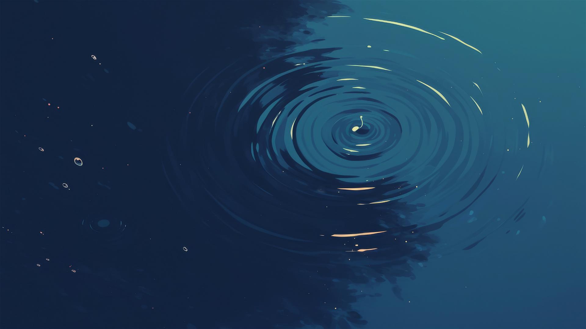 Aesthetic scene of a single droplet causing ripples in a dark, still pond, encapsulating minimalism in motion; tranquil and reflective