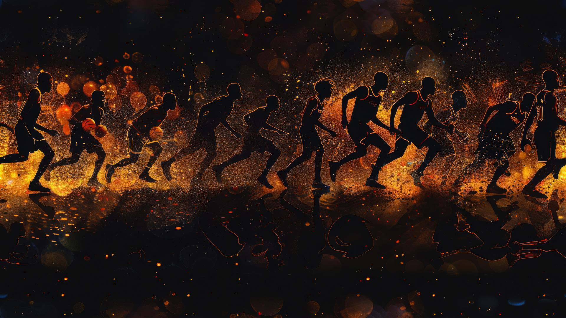 Silhouetted basketball players on a black background