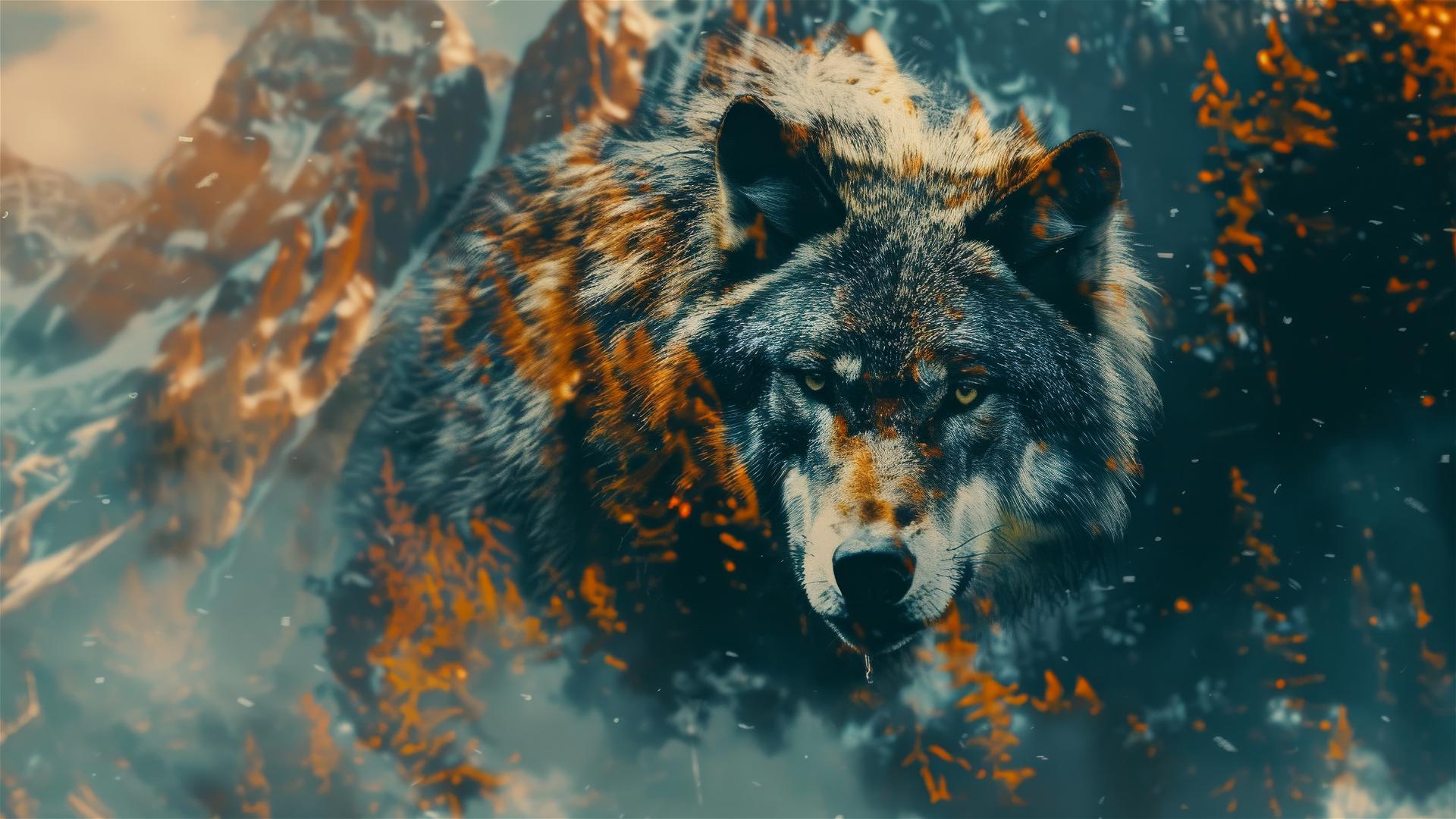Angry wolf portrait in mountain landscape with Norse/Viking style