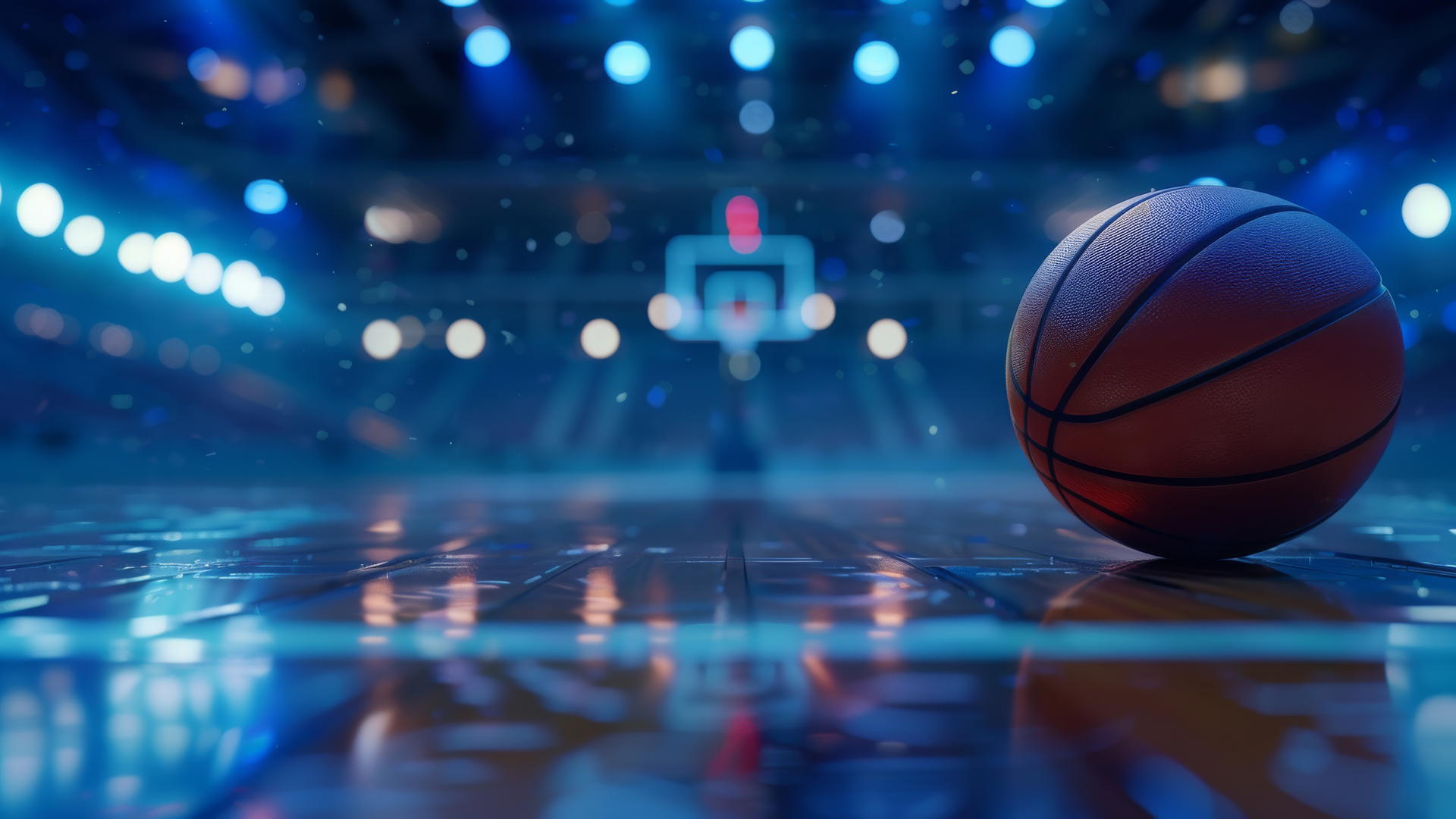 Hyper-realistic basketball on arena floor with dim lights and dark blue ambiance
