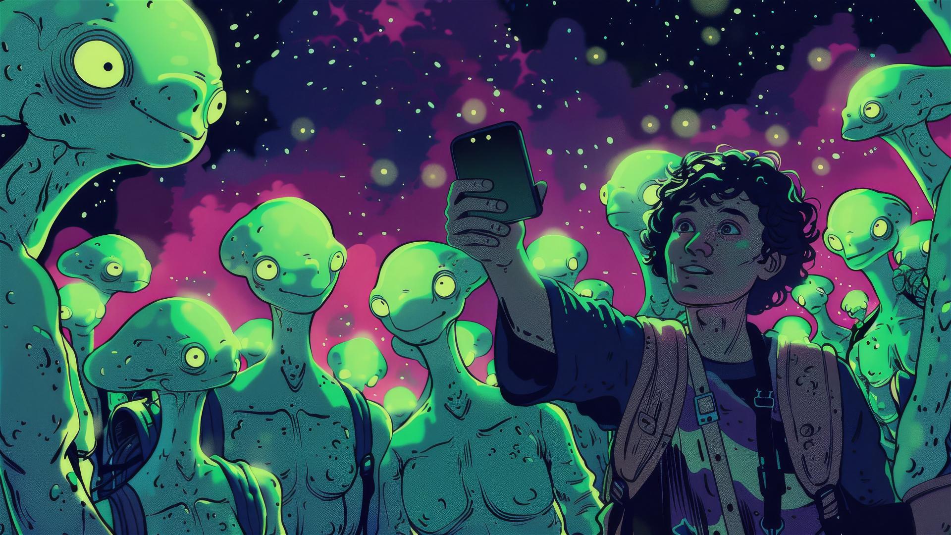 A man takes a selfie with green aliens under a starry night sky.