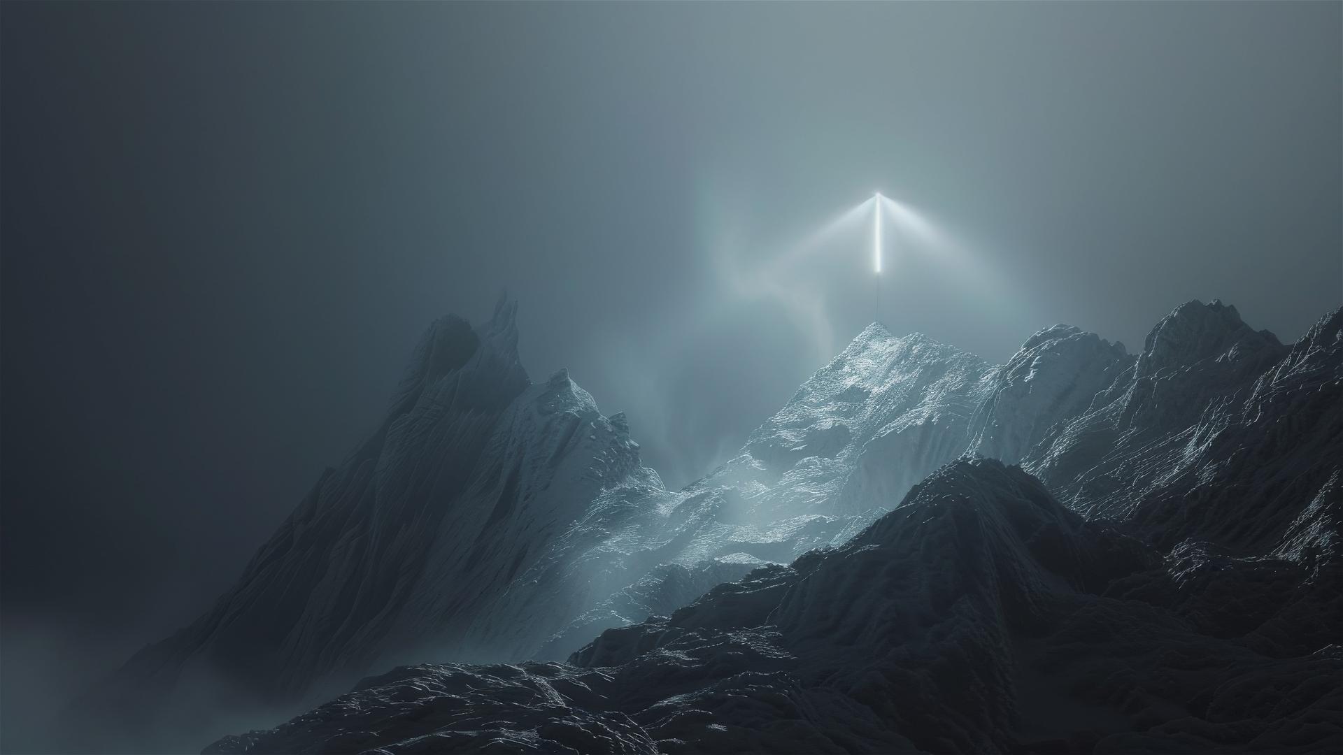 Misty futuristic mountain with volumetric LED light beacon