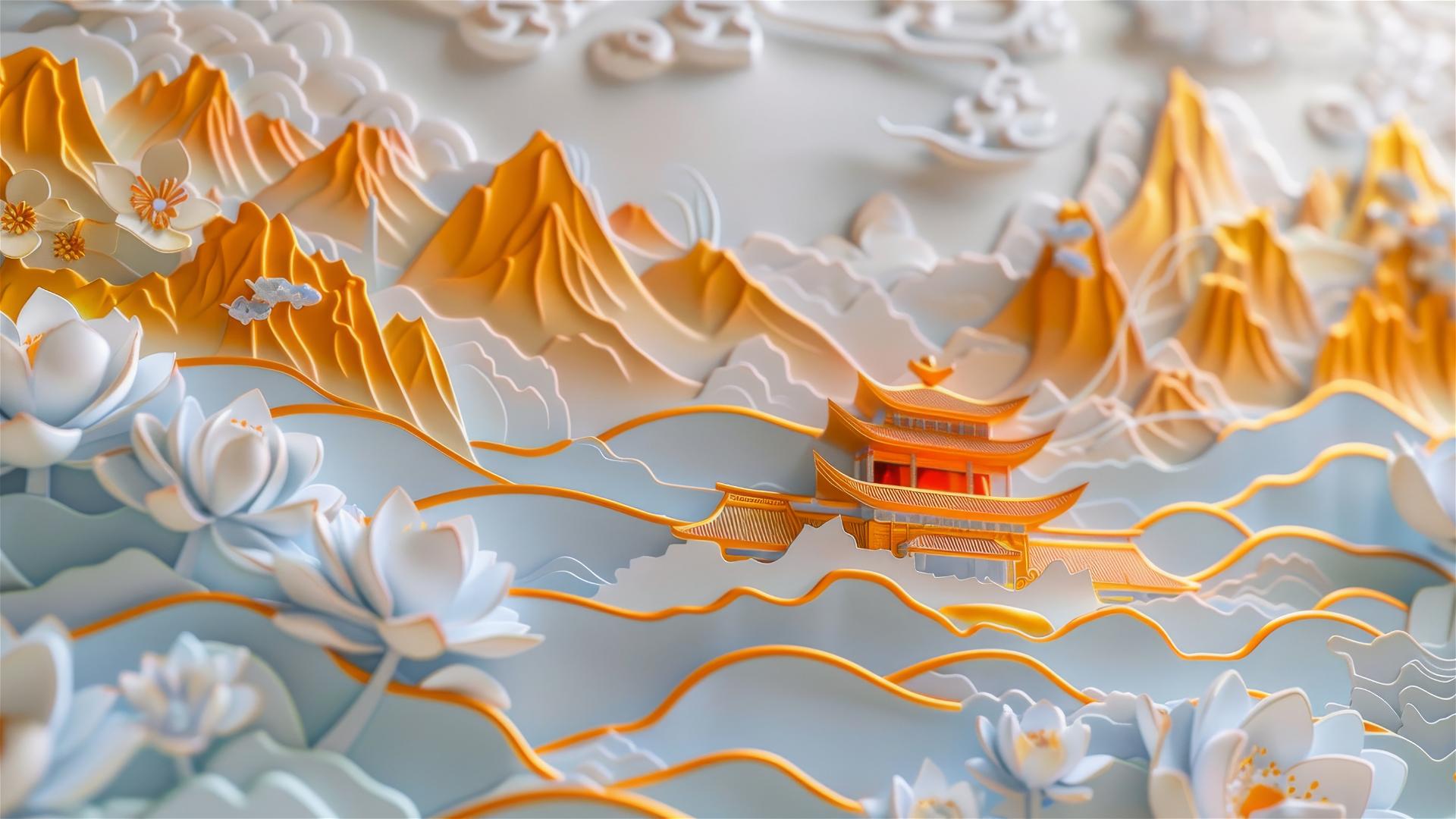 3D Asian painting of golden mountains and serene temple with lotus flowers