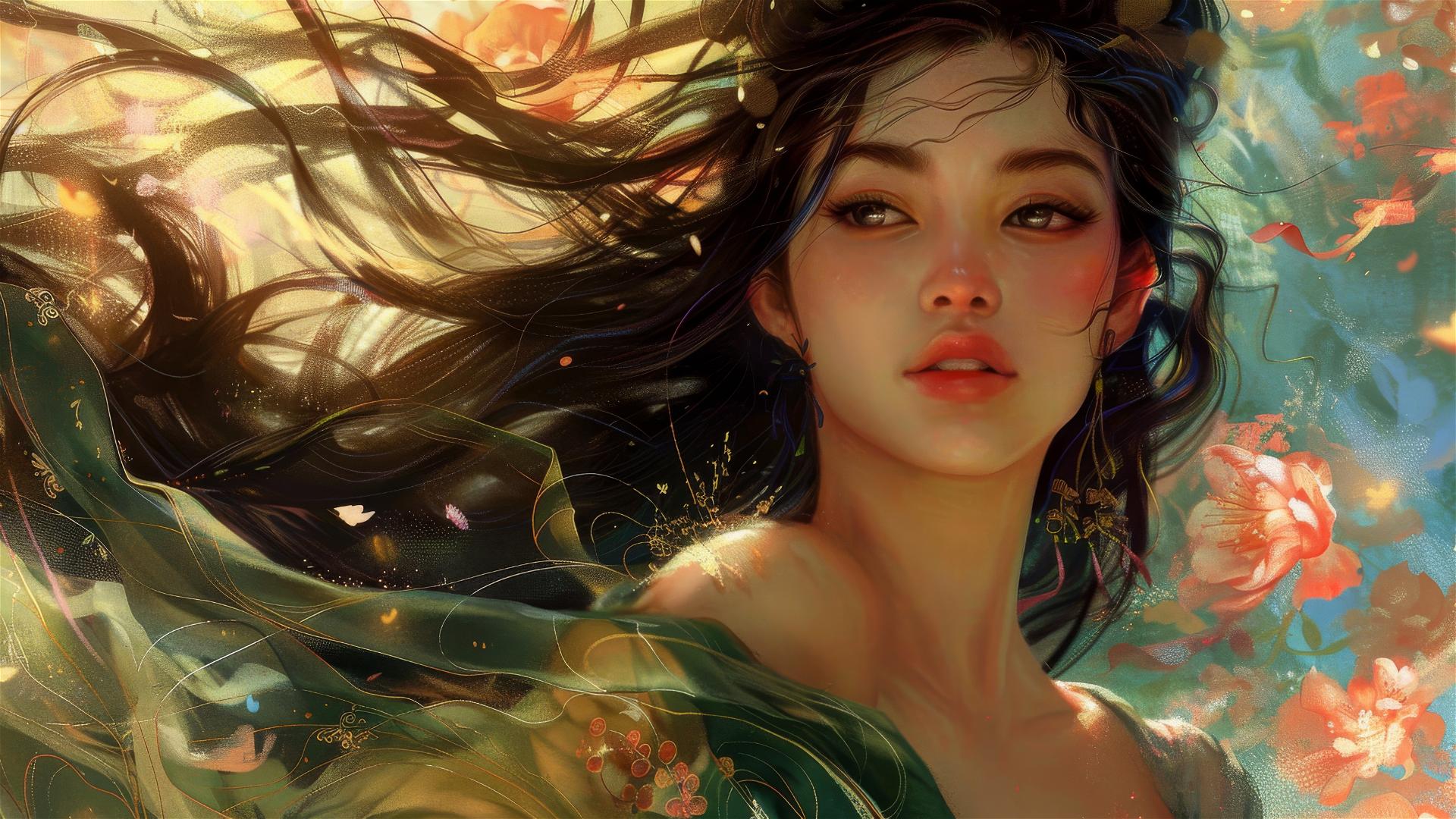 beautiful Asian woman with flowing elements in Alphonse Mucha style