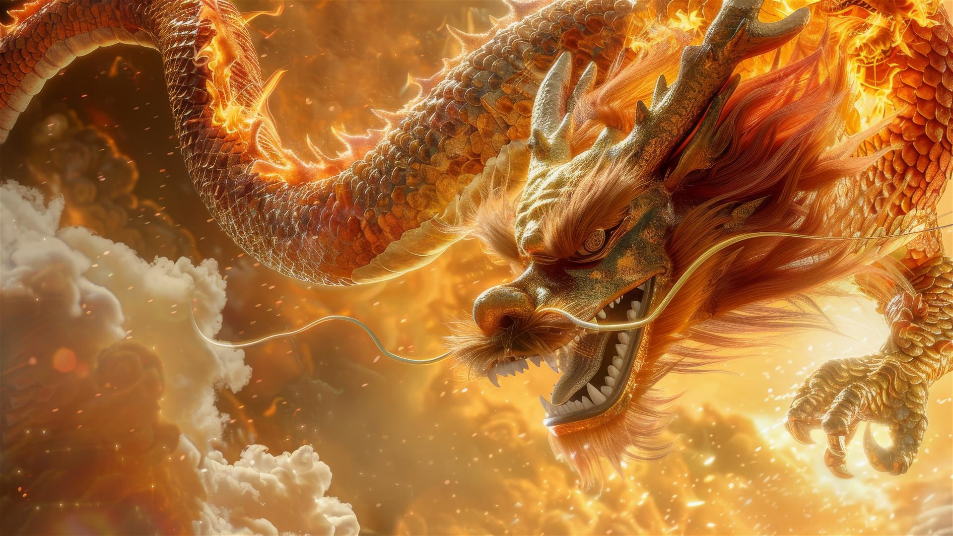 Fire-breathing dragon with golden beard and shiny scales