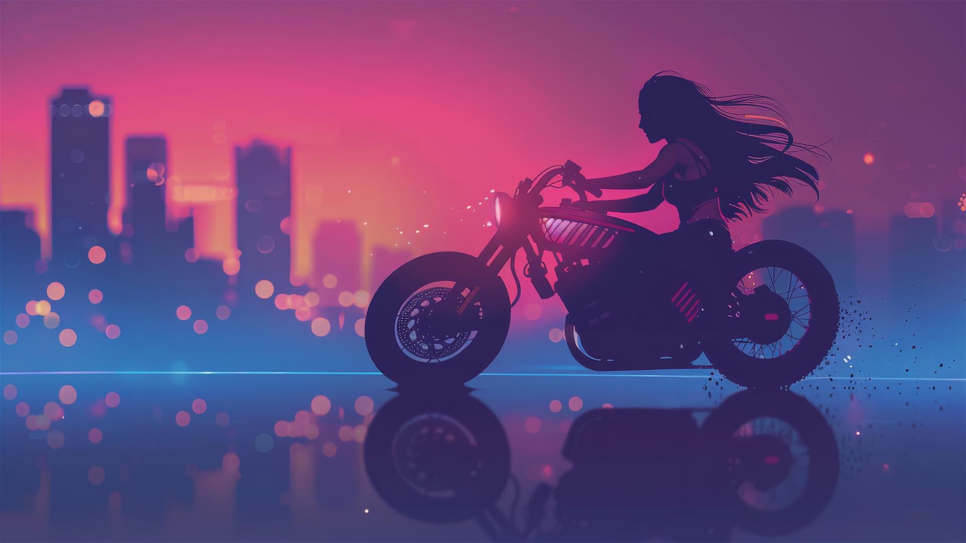 Girl riding motorcycle in minimalist pixel art style
