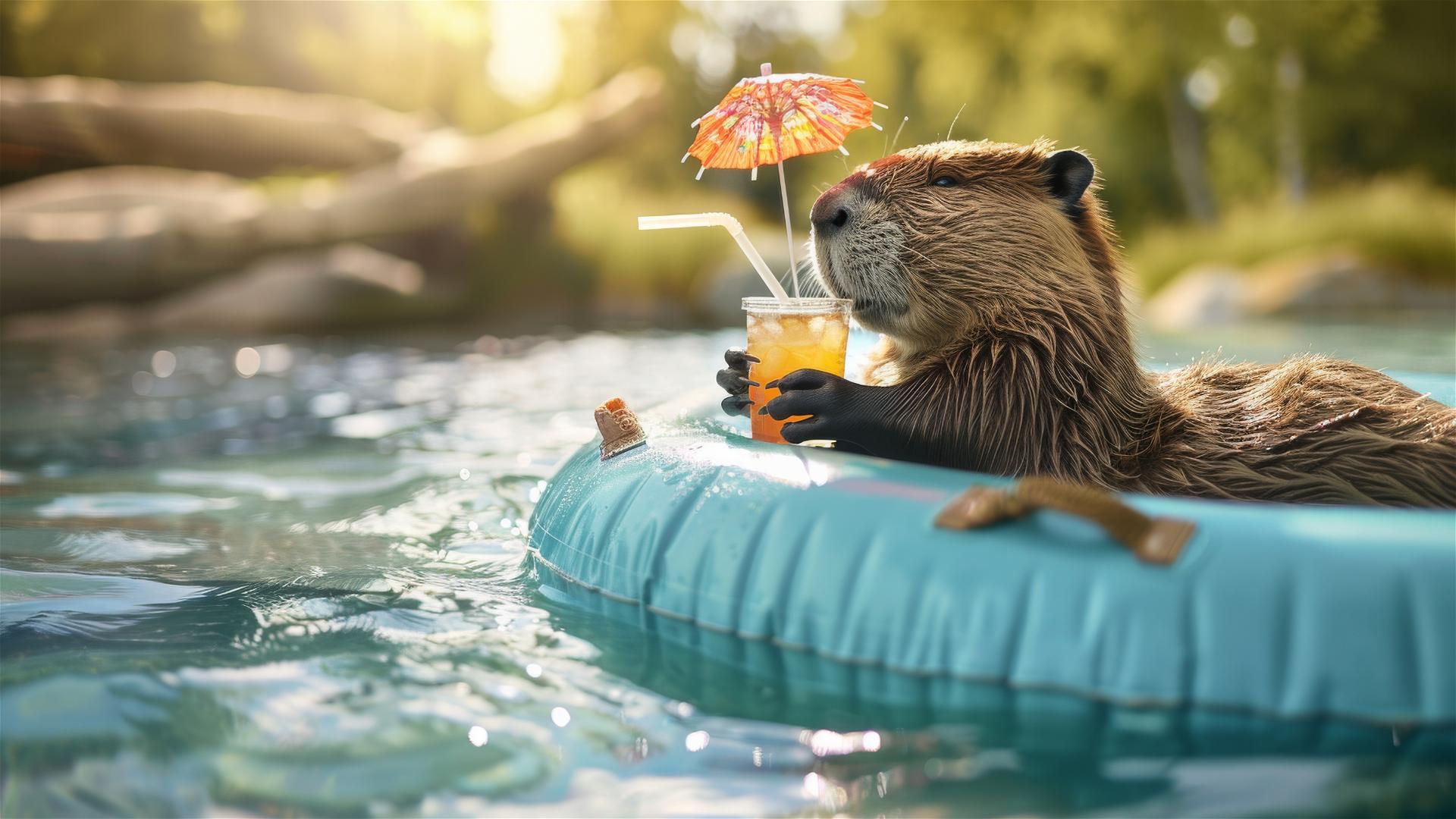Beaver relaxing on inflatable mattress with cocktail in turquoise water