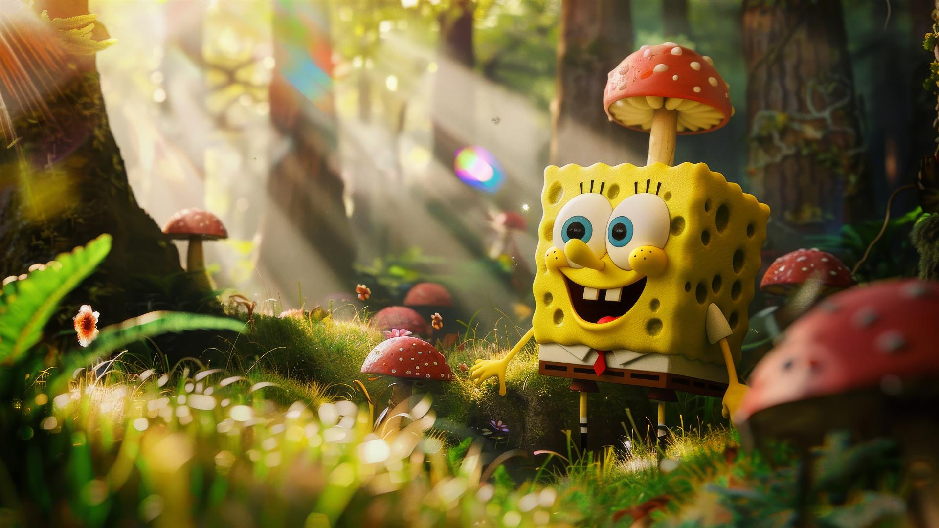 Spongebob Squarepants in a sunny forest