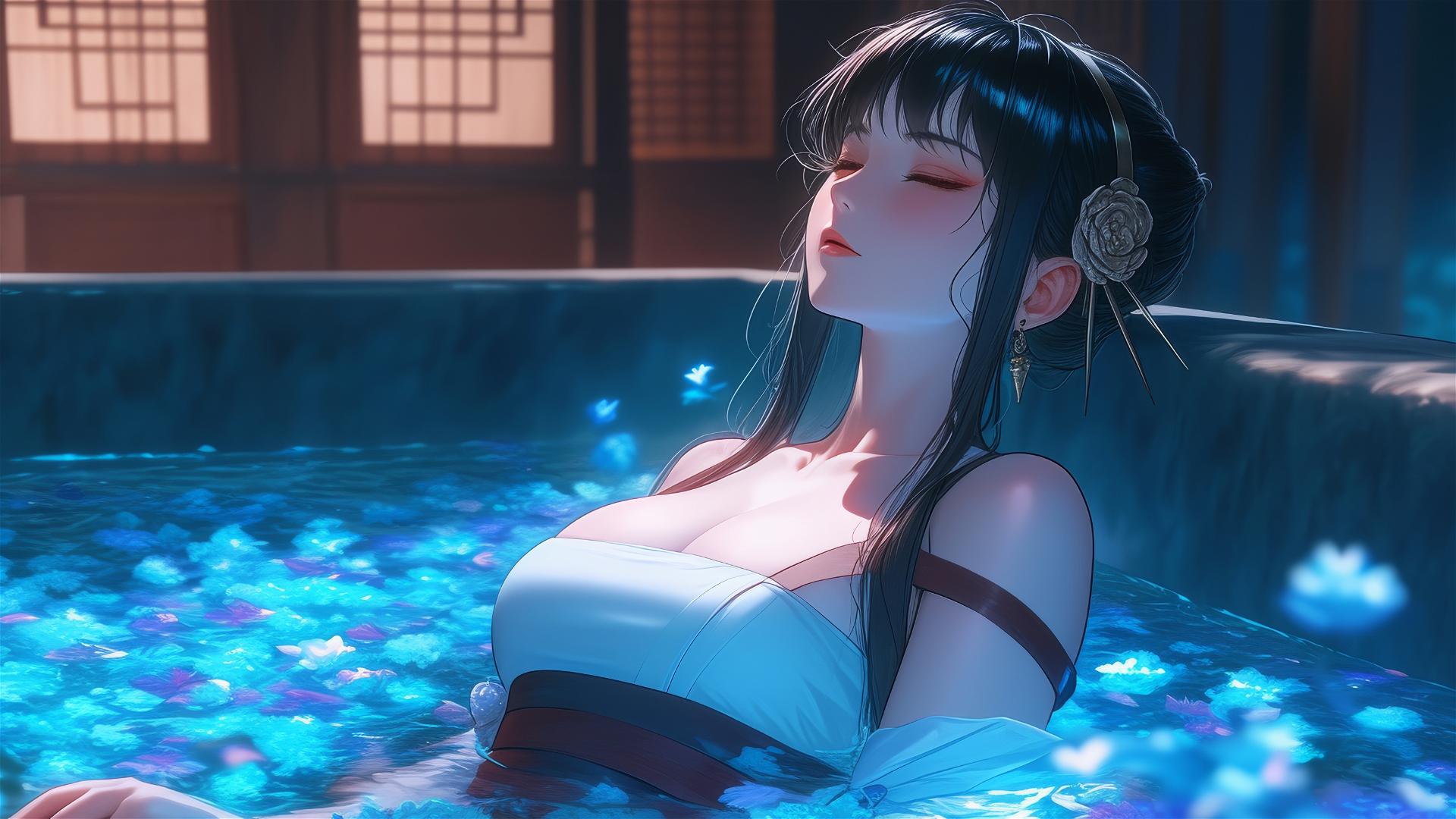 Yor Forger in a flower-filled tub at a Chinese spa