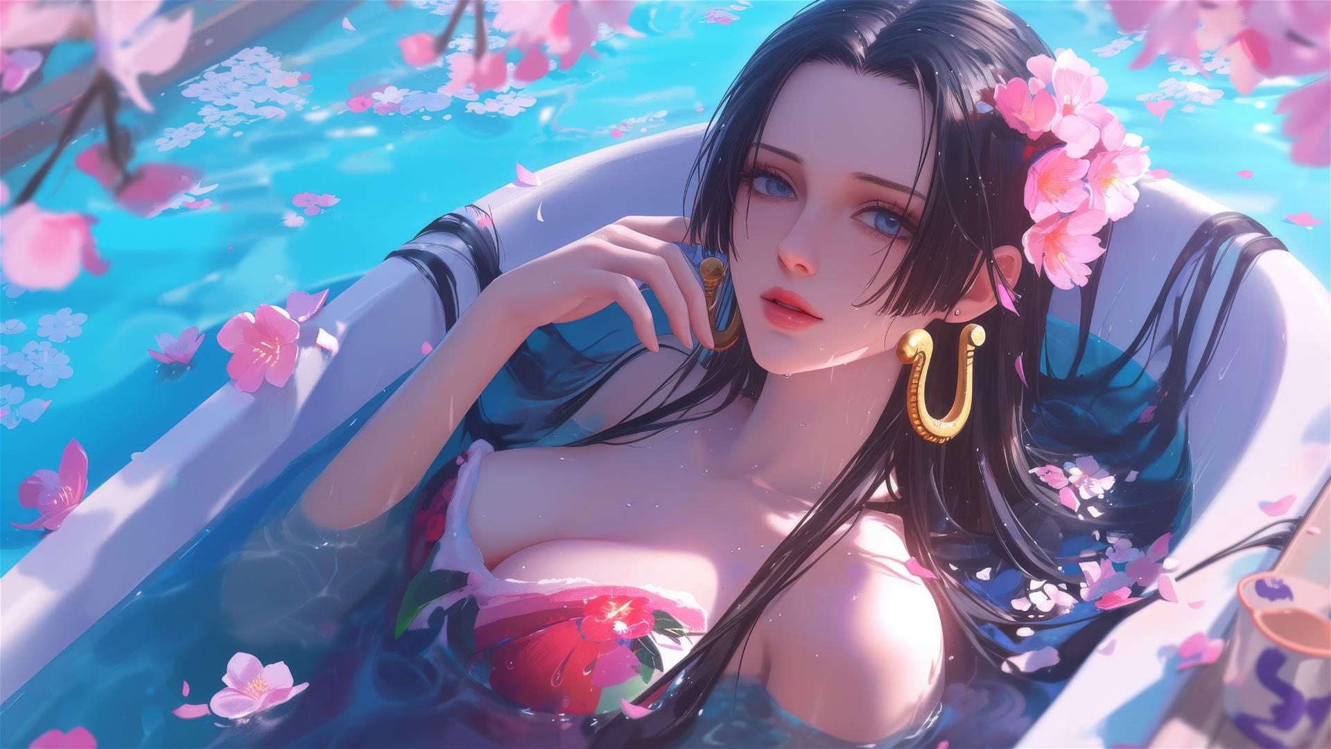Boa Hancock from One Piece in tub of flowers inside Chinese spa