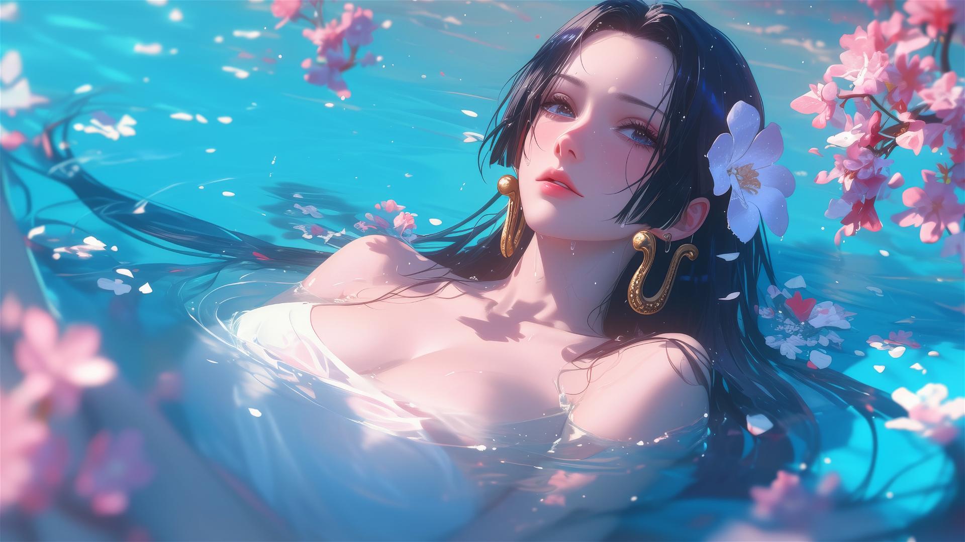 Boa Hancock from One Piece in a flower-filled tub in a Chinese spa