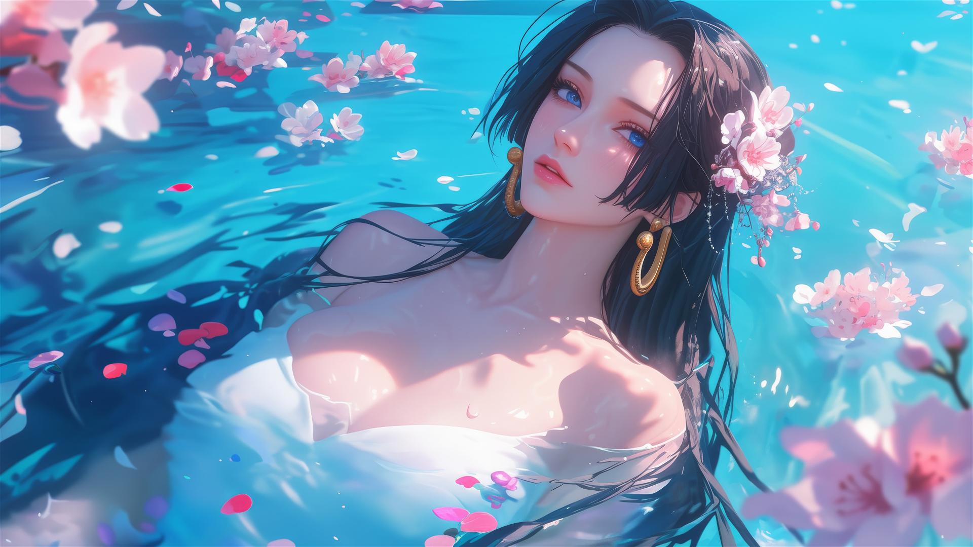 Boa Hancock from One Piece in a tub full of flowers in a Chinese spa