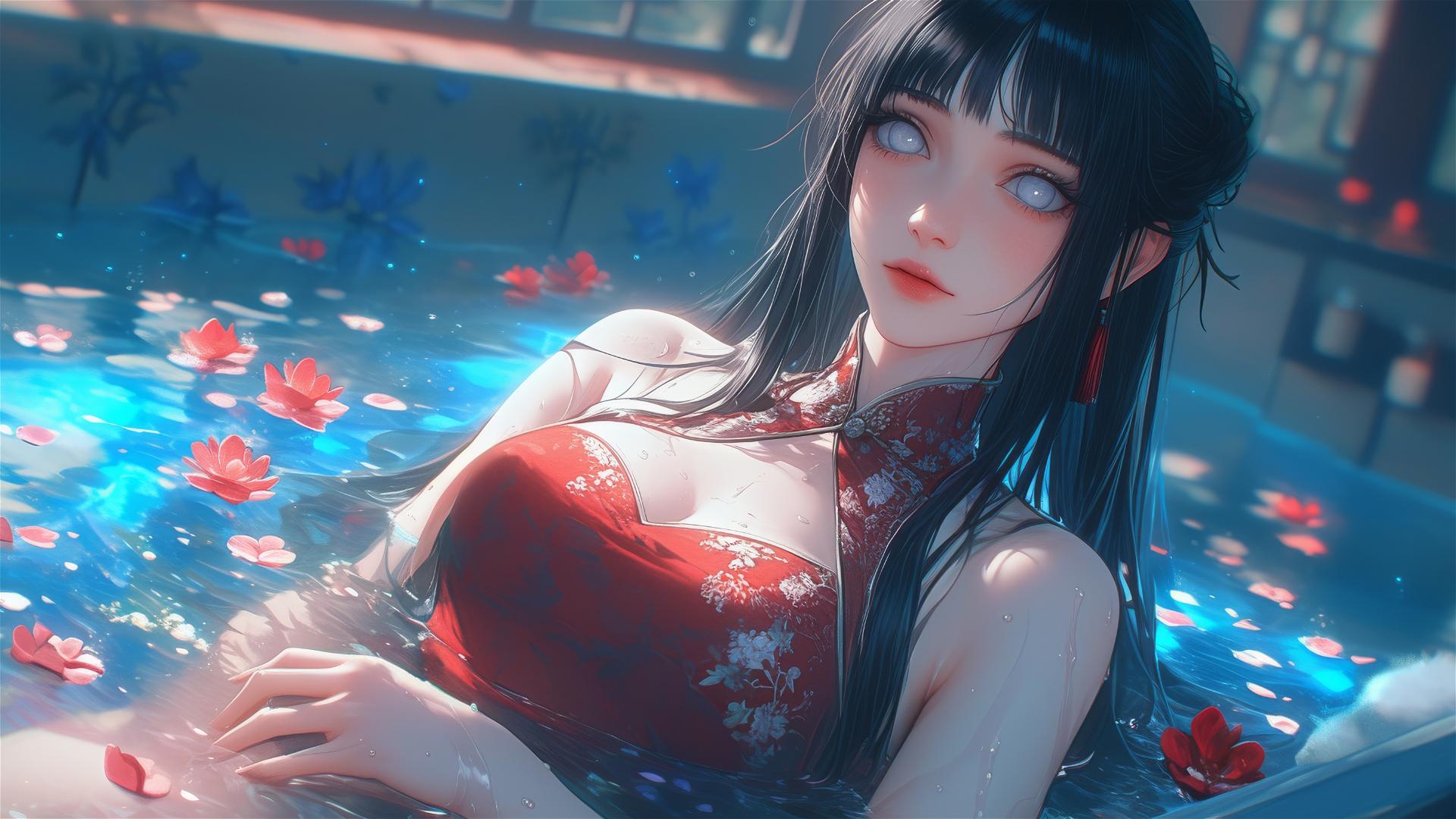 Hinata Hyuga from Naruto in tub full of flowers, inside Chinese spa, white eyes