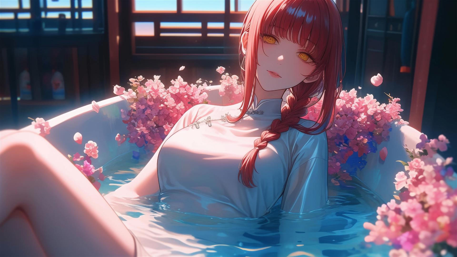 Makima from Chainsaw Man in a tub of flowers at a Chinese spa