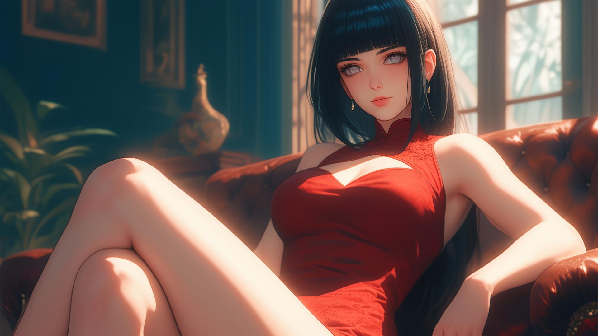 Hinata Hyuga sits in a modern hotel with warm light, white eyes, and red dress.