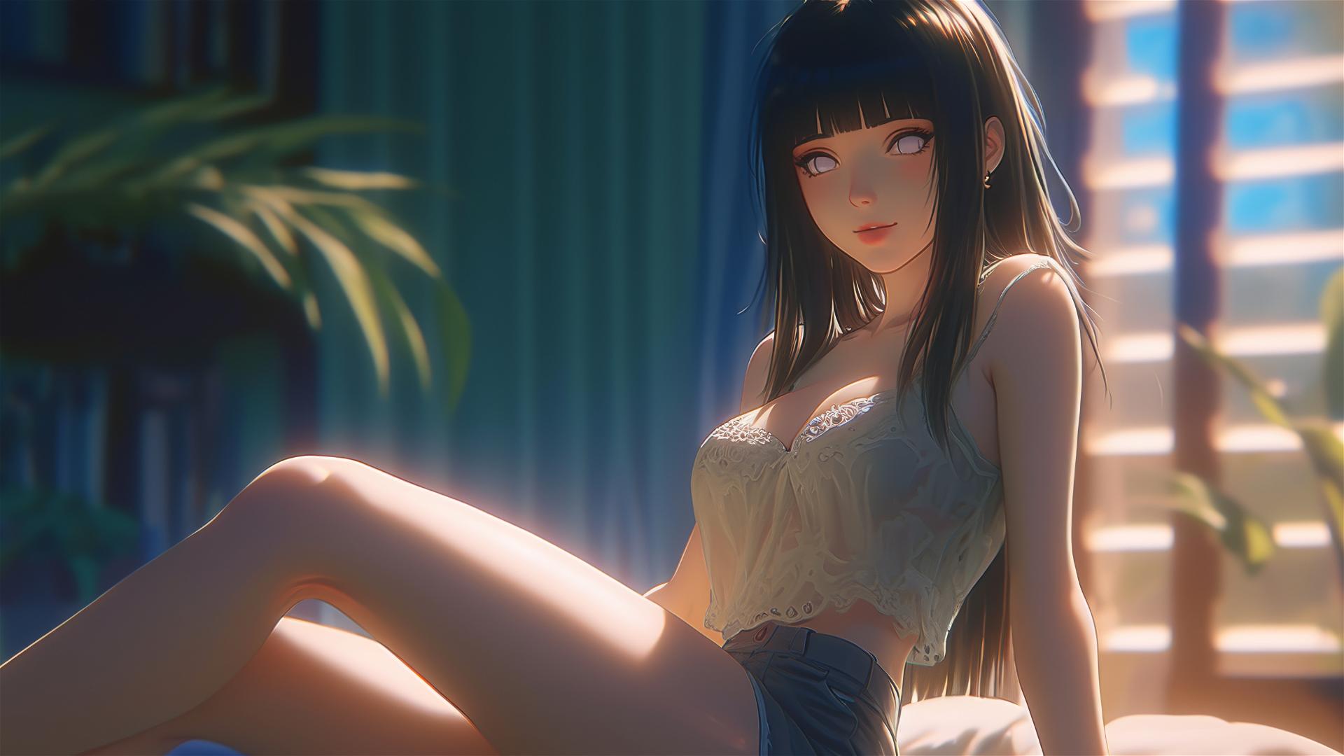 Hinata Hyuga sitting at a modern hotel with warm light glow