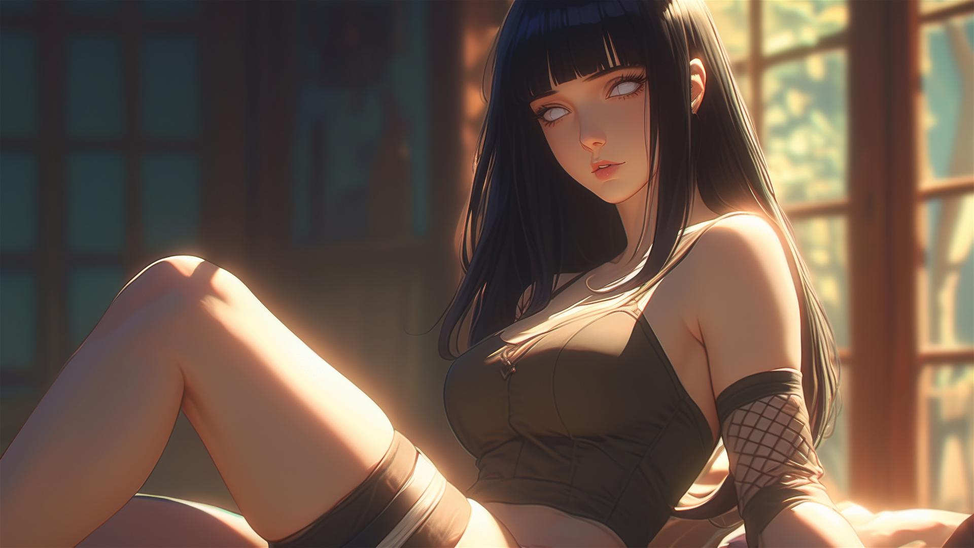 Hinata Hyuga sitting leisurely at a modern hotel, warm light on her.