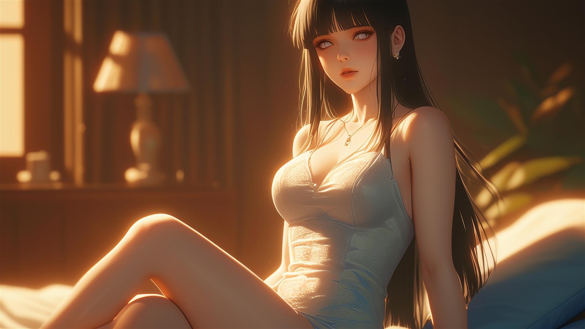 Hinata Hyuga from Naruto sitting in a modern hotel with warm lighting.
