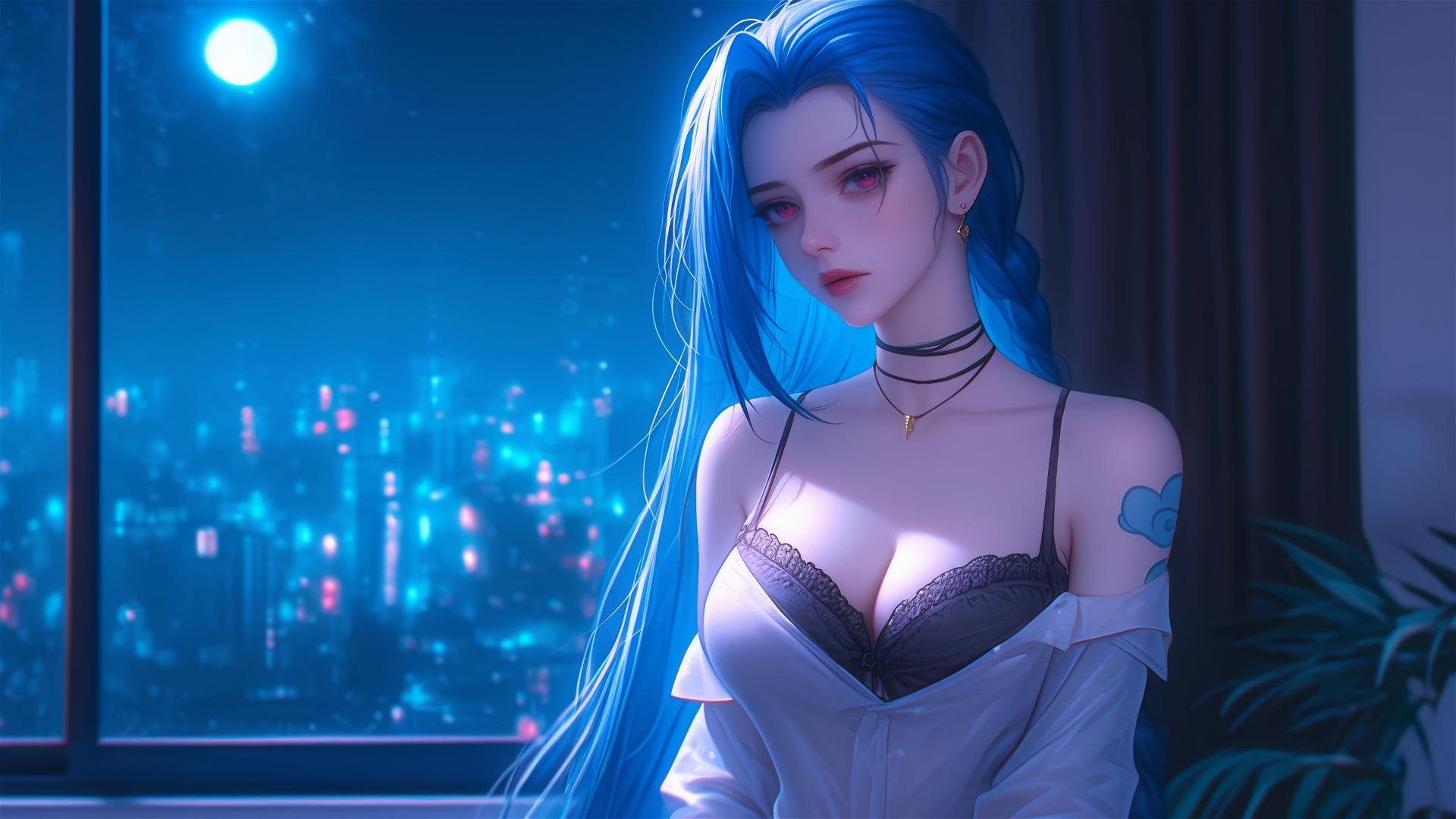 Jinx from League of Legends stands in silk pajamas in moonlit apartment.