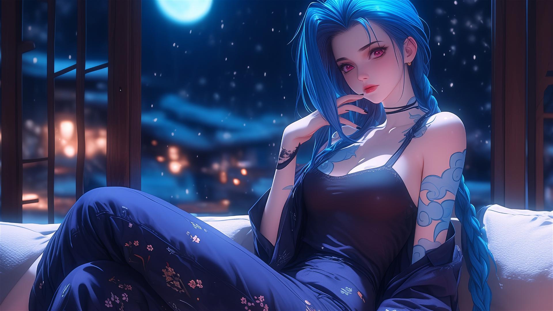Jinx from League of Legends sitting in an apartment illuminated by moonlight.