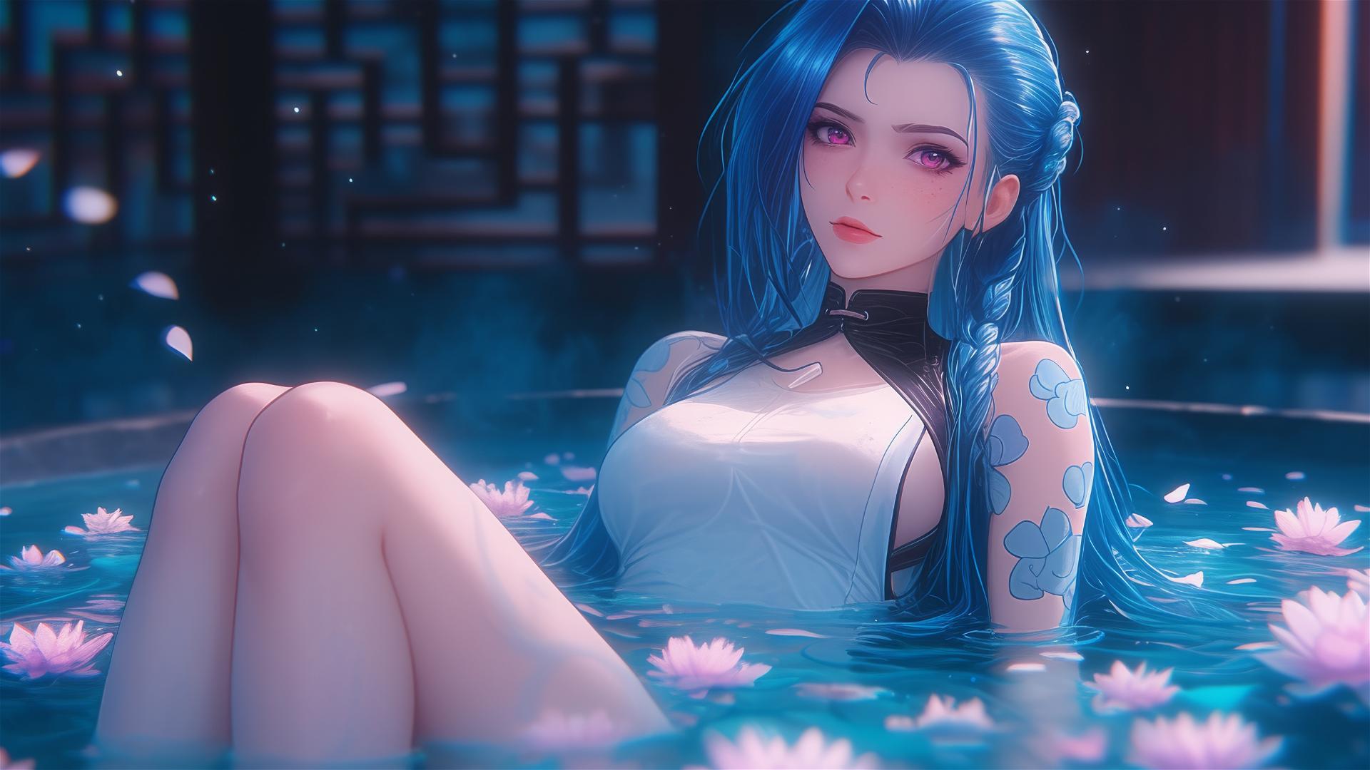 Jinx from League of Legends in a flower-filled tub at a Chinese spa