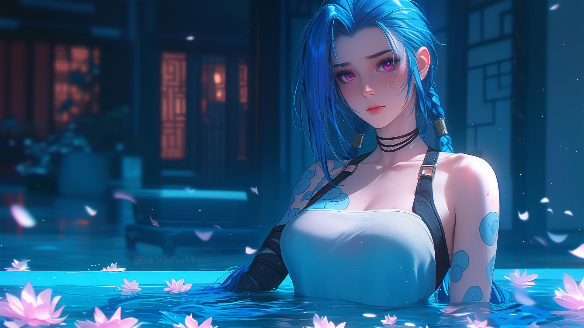 Jinx from League of Legends inside a tub full of flowers at a Chinese spa, with pink eyes and blue hair.