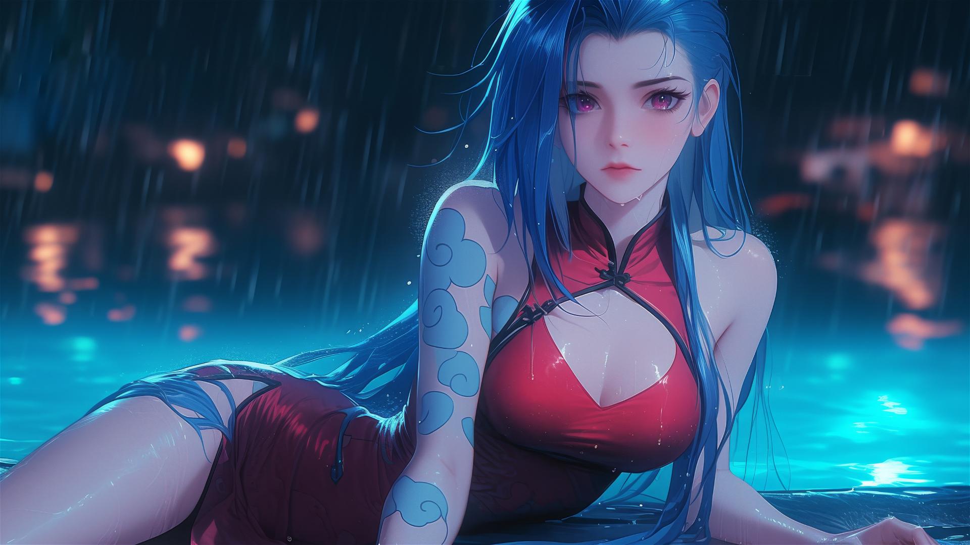 Jinx from League of Legends resting at a rainy pool under moonlight.
