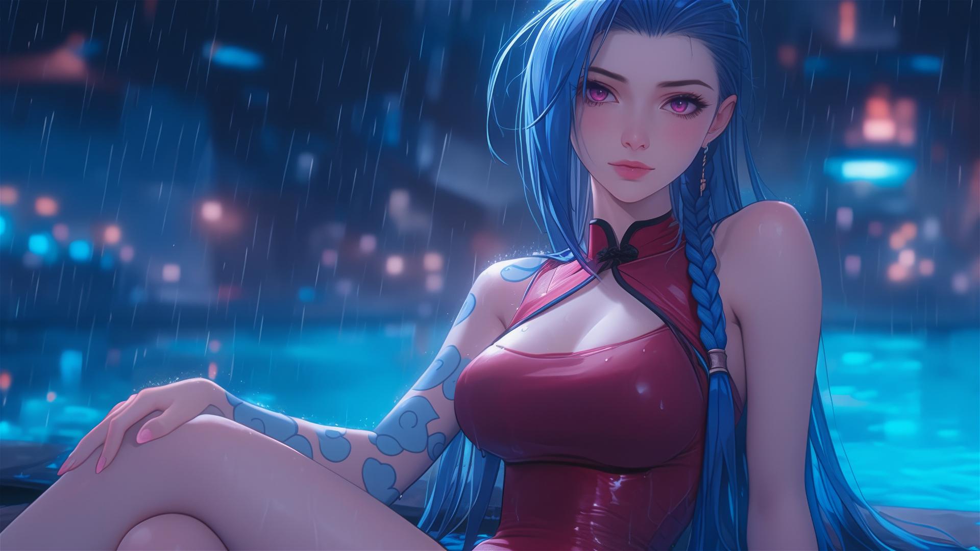 Jinx from League of Legends resting at a rainy swimming pool under moonlight