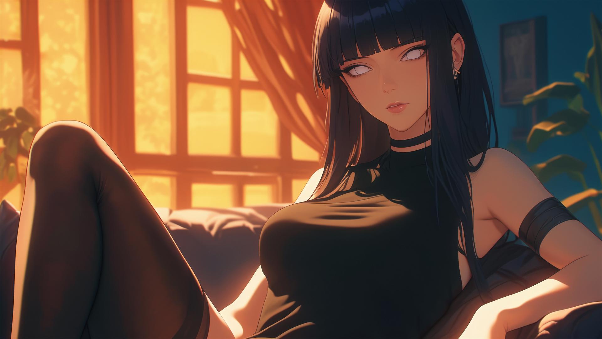 Hinata Hyuga sitting in a modern hotel with warm light casting a soft glow
